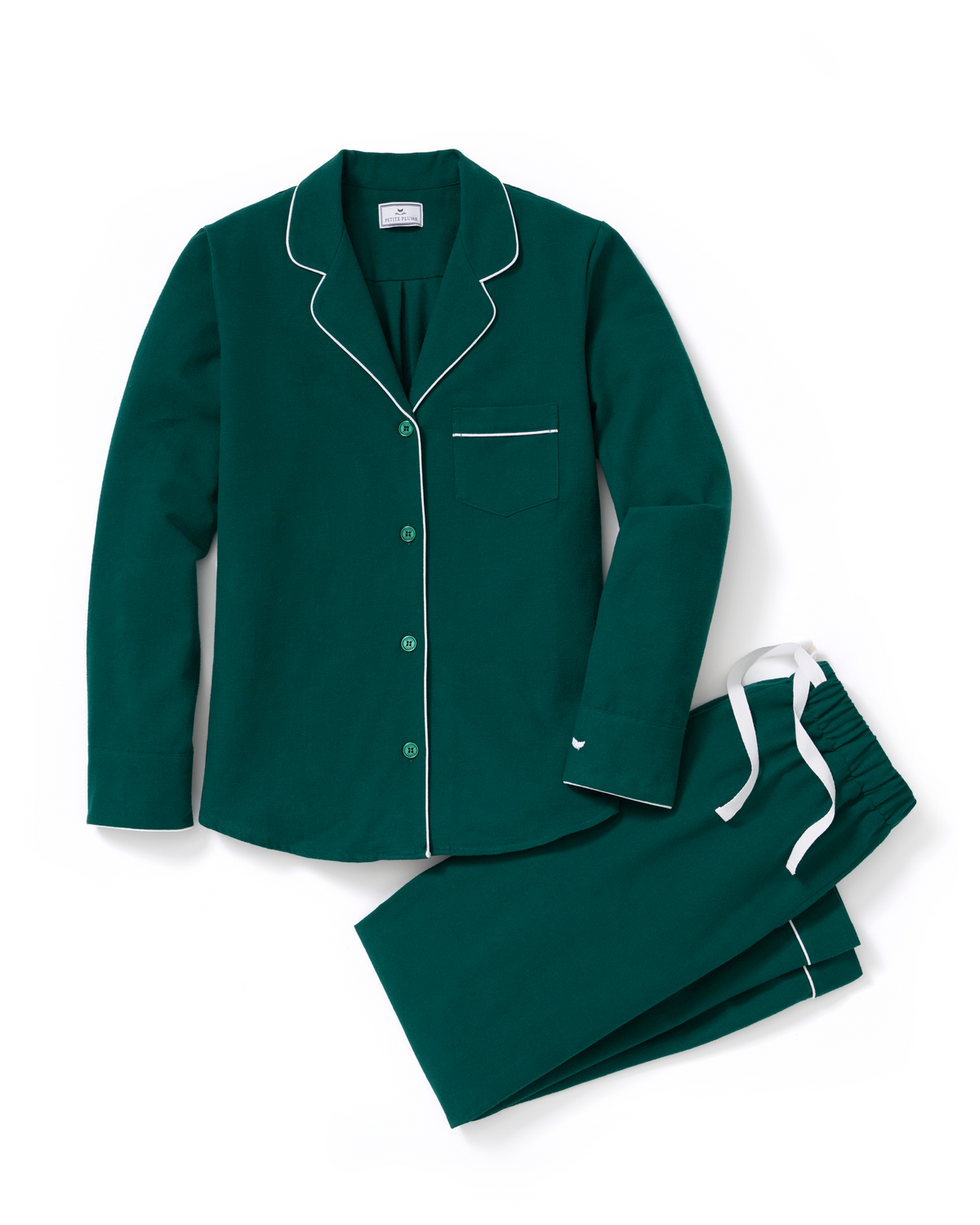 Women’s Flannel Pajama Set in Hunter Green features a long-sleeve button-up top with white piping, chest pocket, and matching drawstring pants, shown on a white background.