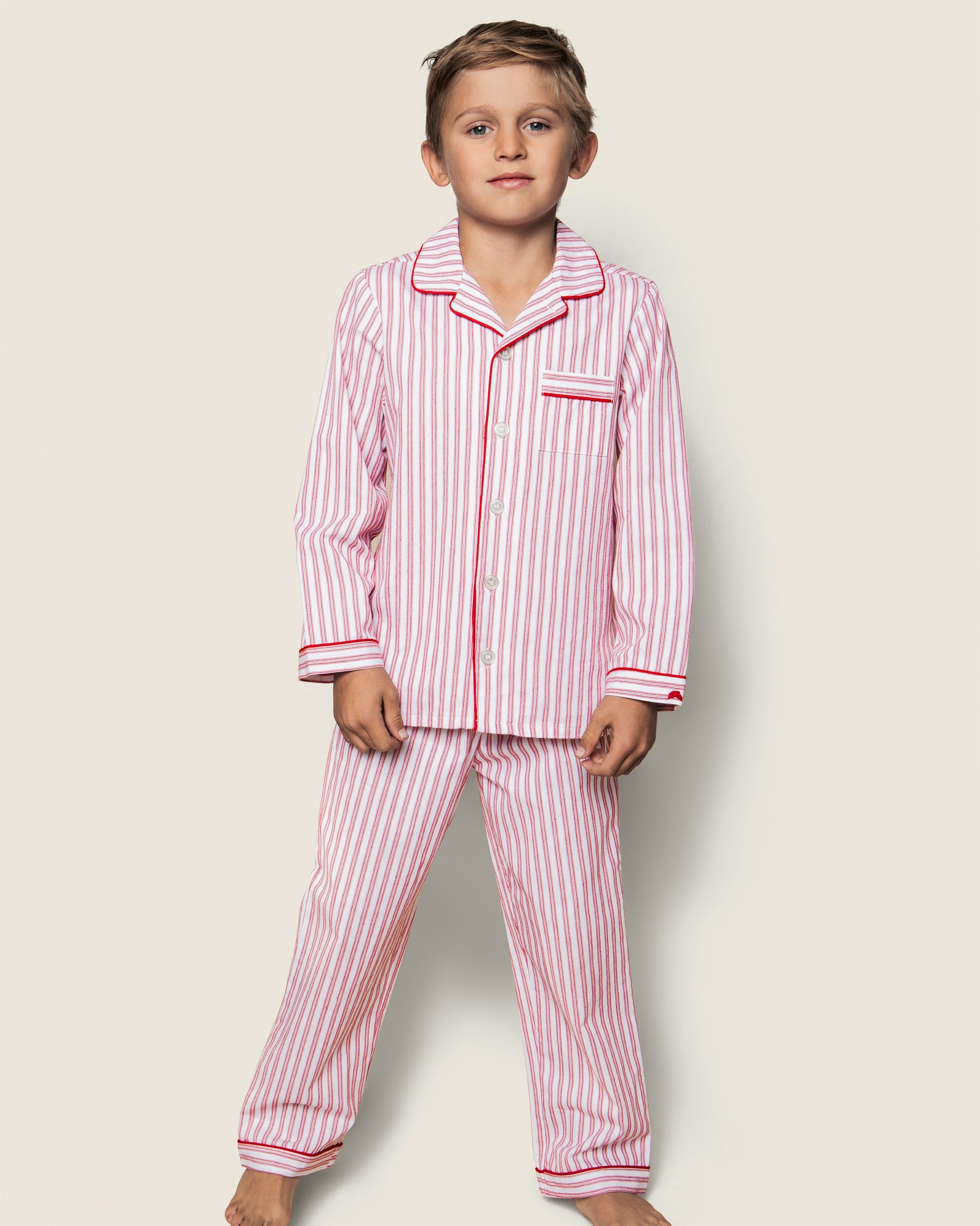 Kid's Twill Pajama Set in Antique Red Ticking in Antique Red Ticking#Color_Antique Red Ticking