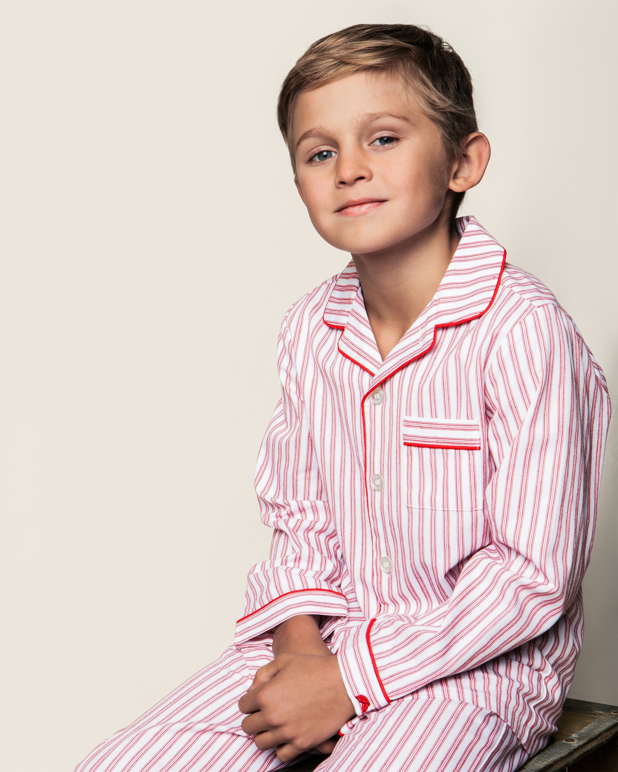 Kid's Twill Pajama Set in Antique Red Ticking in Antique Red Ticking#Color_Antique Red Ticking