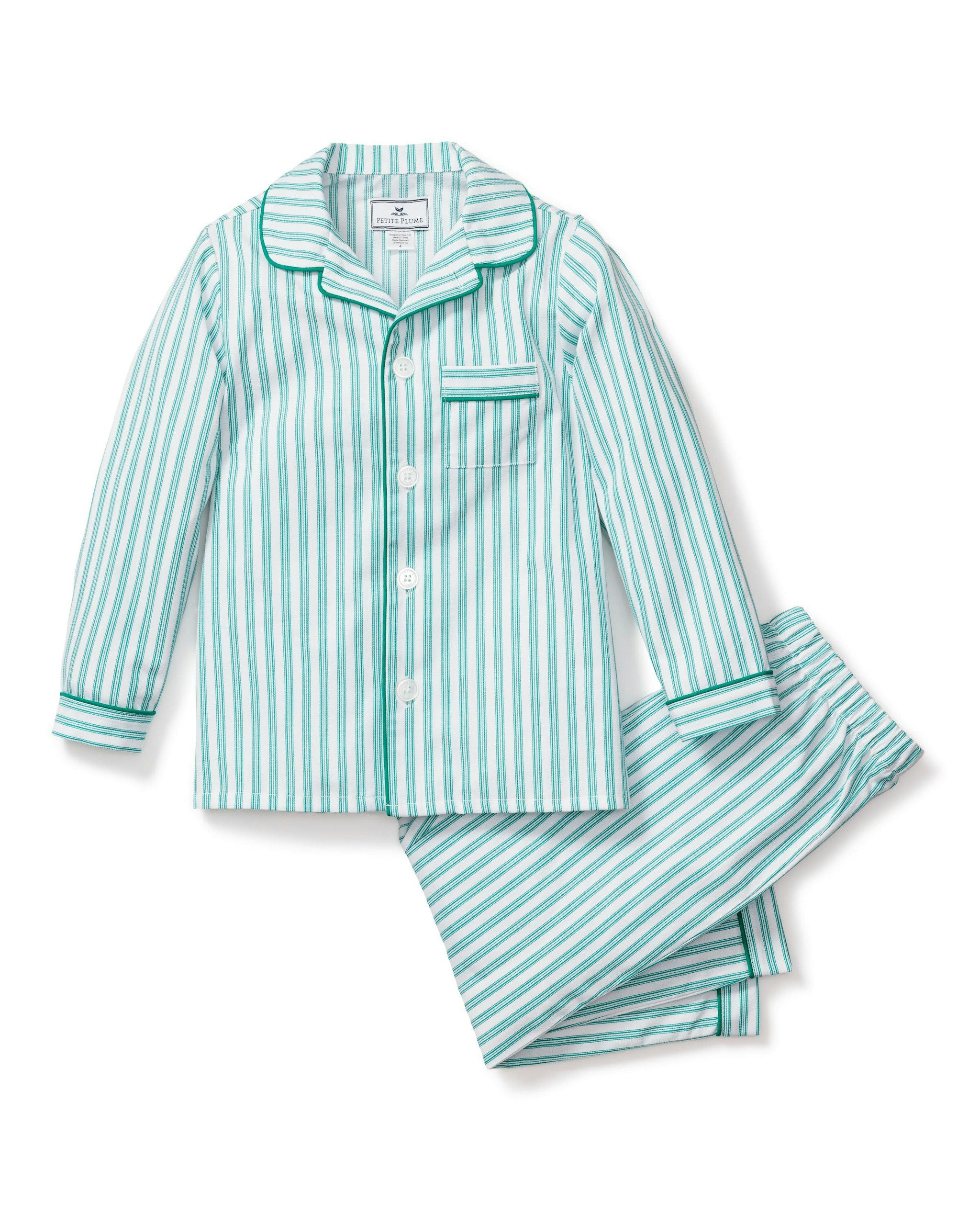 Kid's Twill Pajama Set in Antique Red Ticking in Emerald Ticking#Color_Emerald Ticking