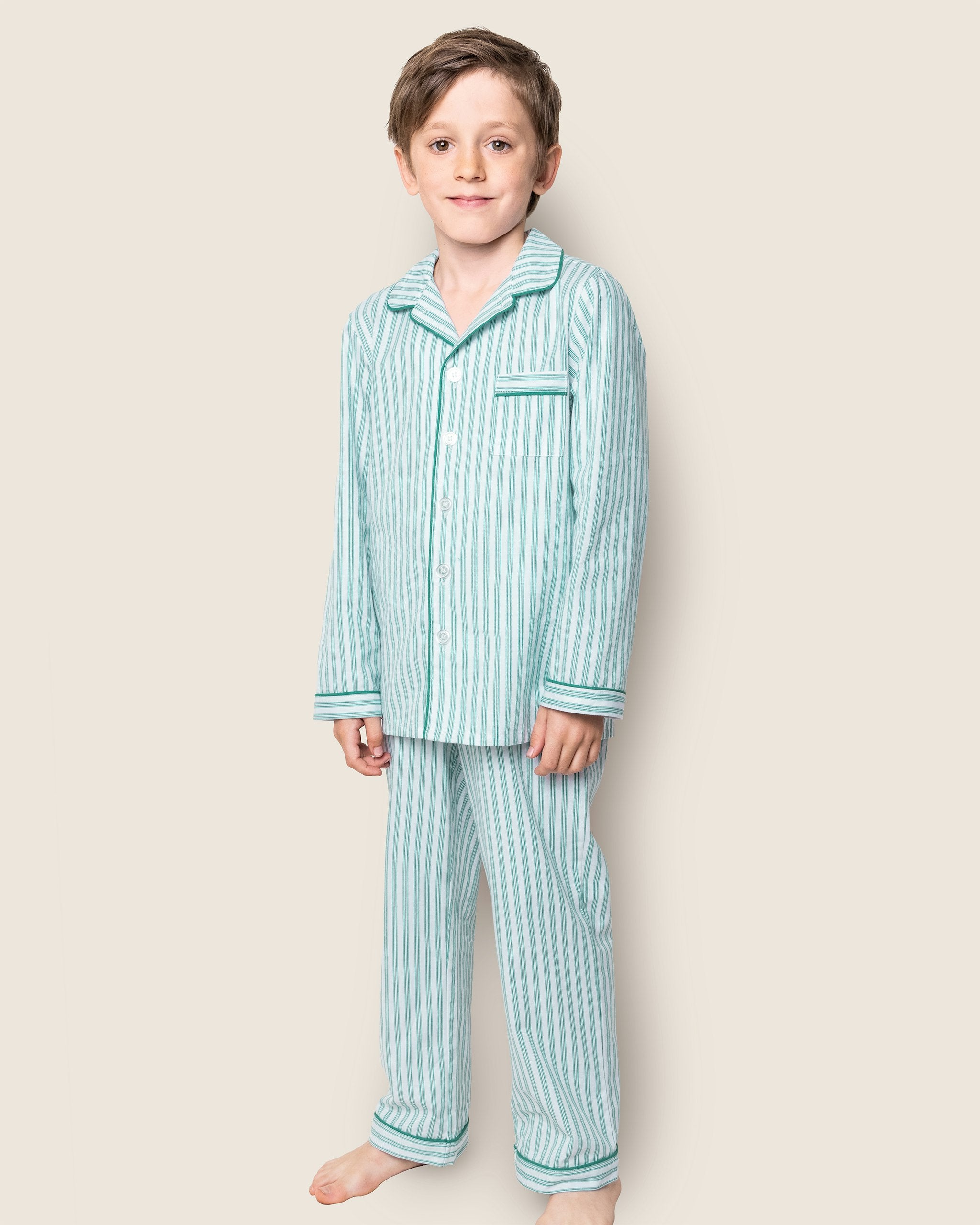 Kid's Twill Pajama Set in Antique Red Ticking in Emerald Ticking#Color_Emerald Ticking