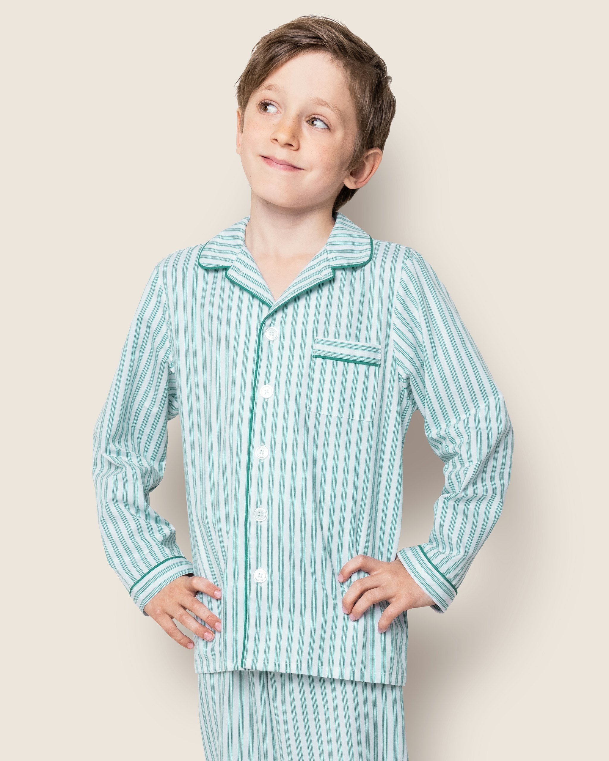 Kid's Twill Pajama Set in Antique Red Ticking in Emerald Ticking#Color_Emerald Ticking