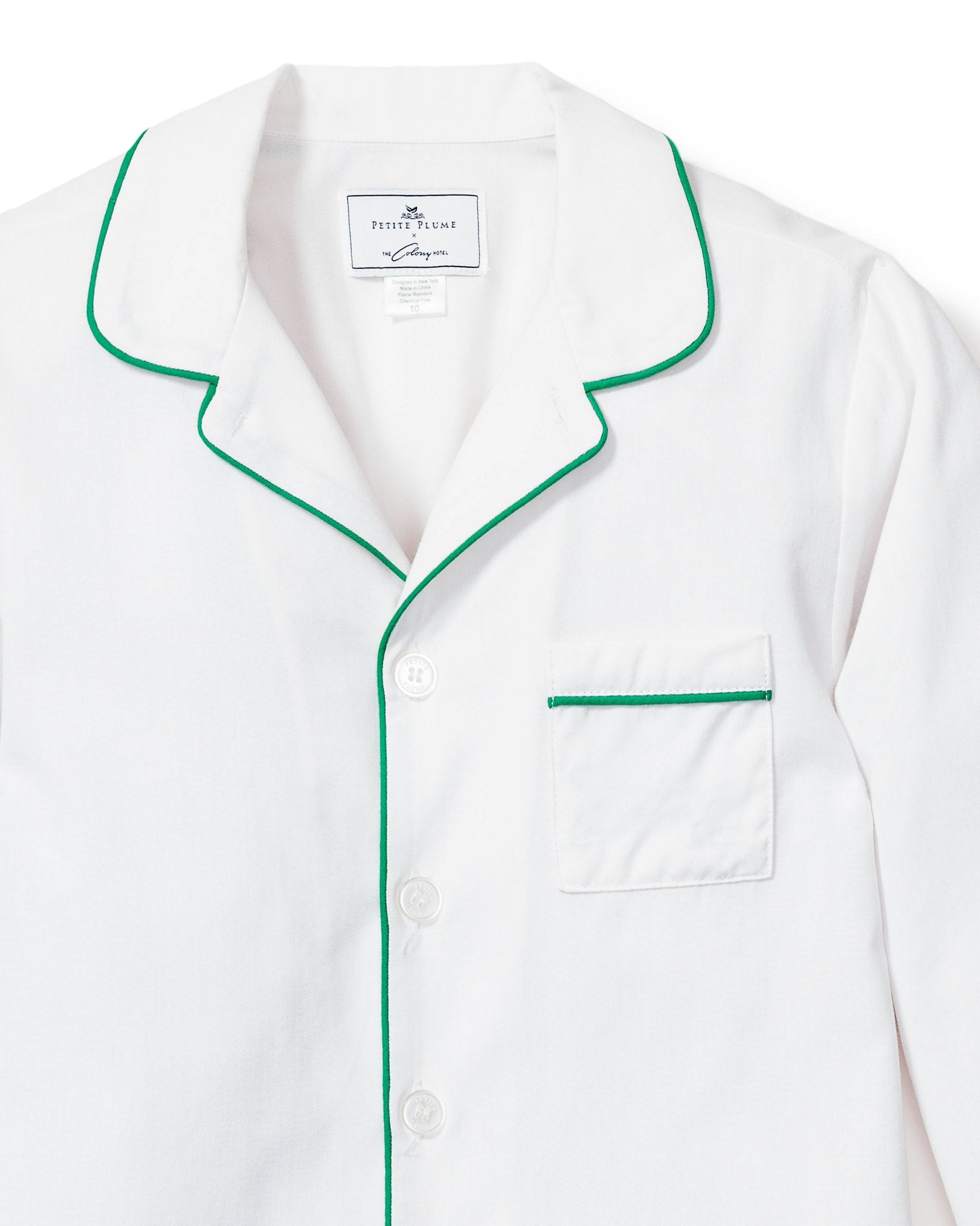 Kid's Twill Pajama Set in White with Pink Piping in White with Green Piping#Color_White with Green Piping