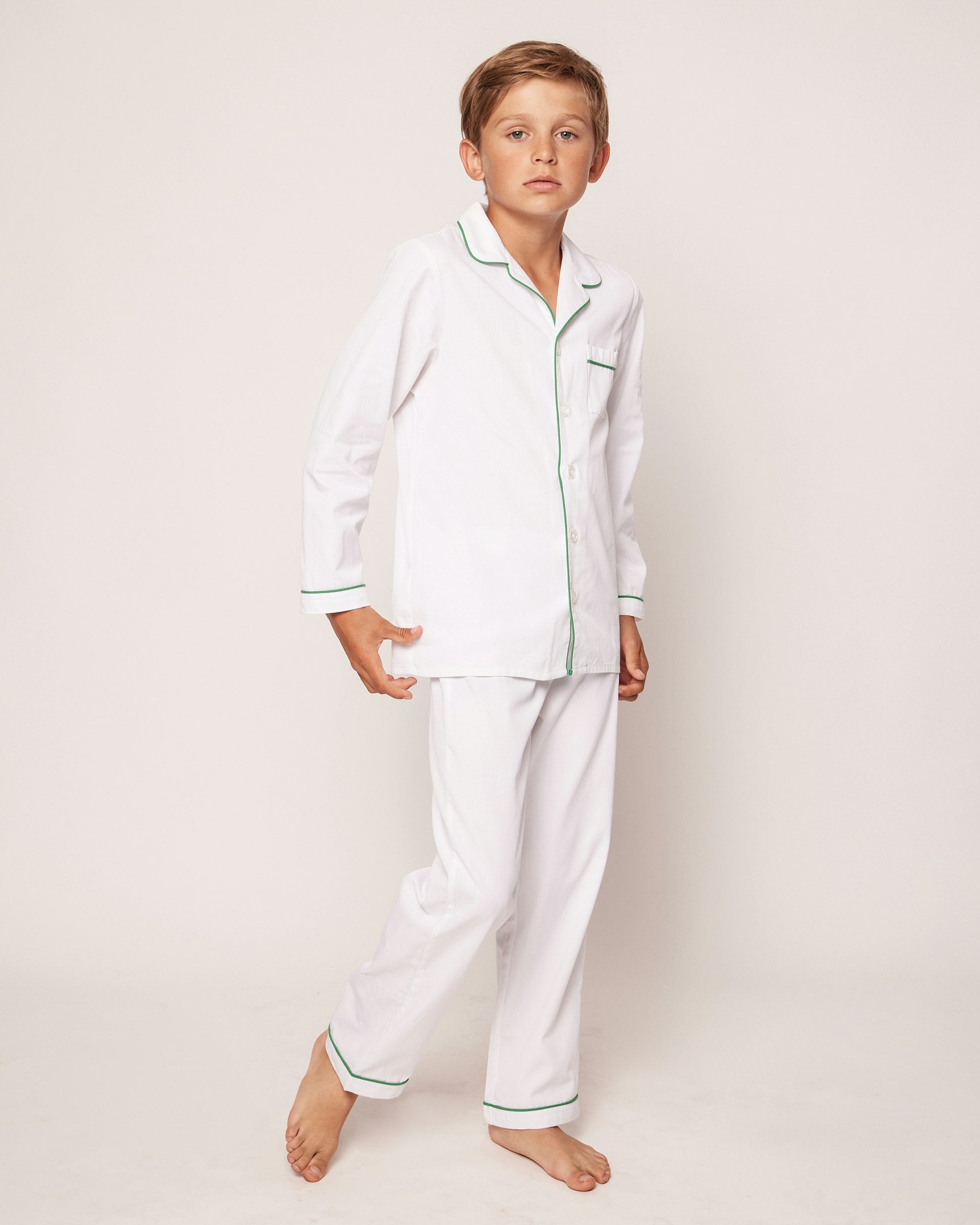 Kid's Twill Pajama Set in White with Pink Piping in White with Green Piping#Color_White with Green Piping