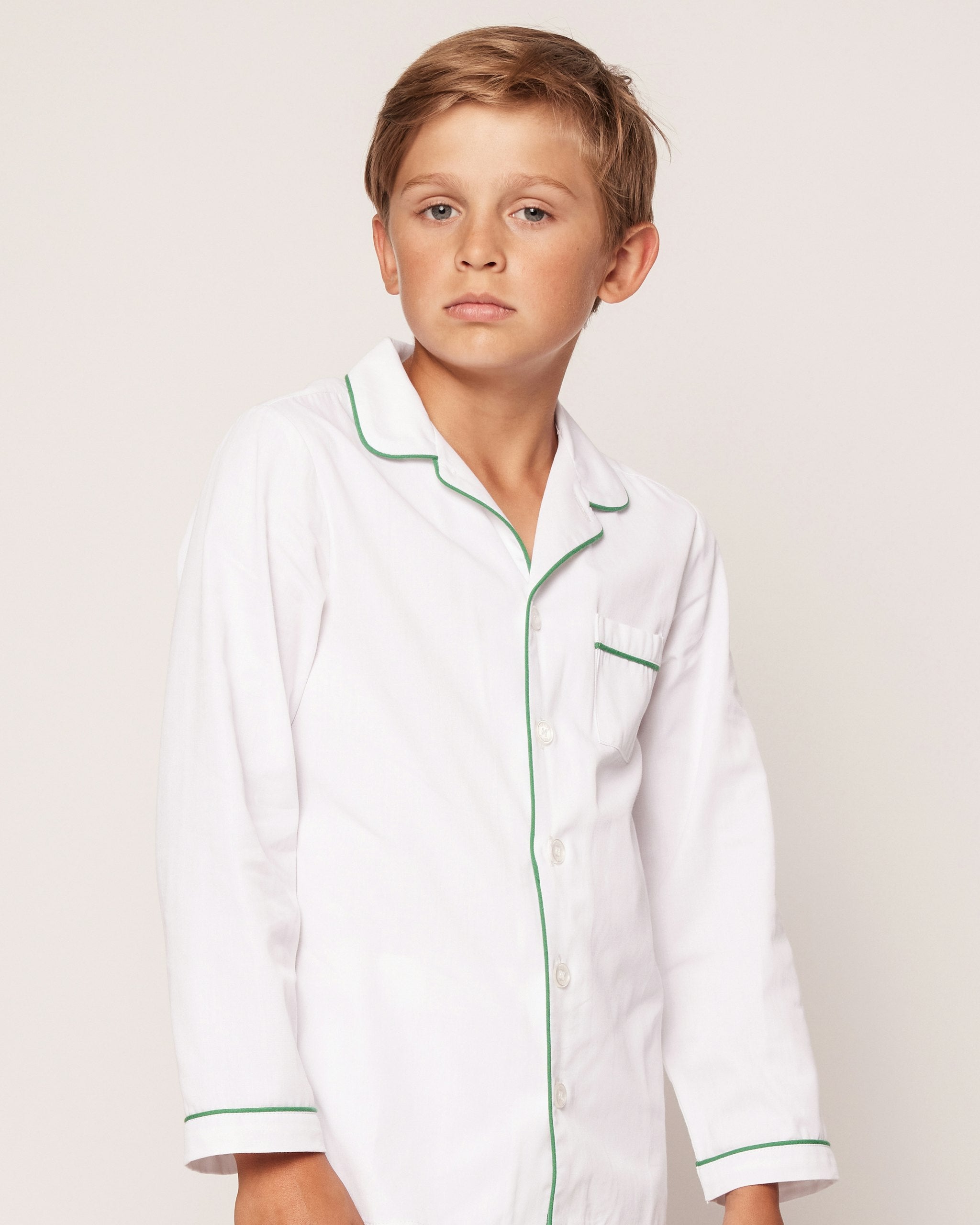 Kid's Twill Pajama Set in White with Pink Piping in White with Green Piping#Color_White with Green Piping