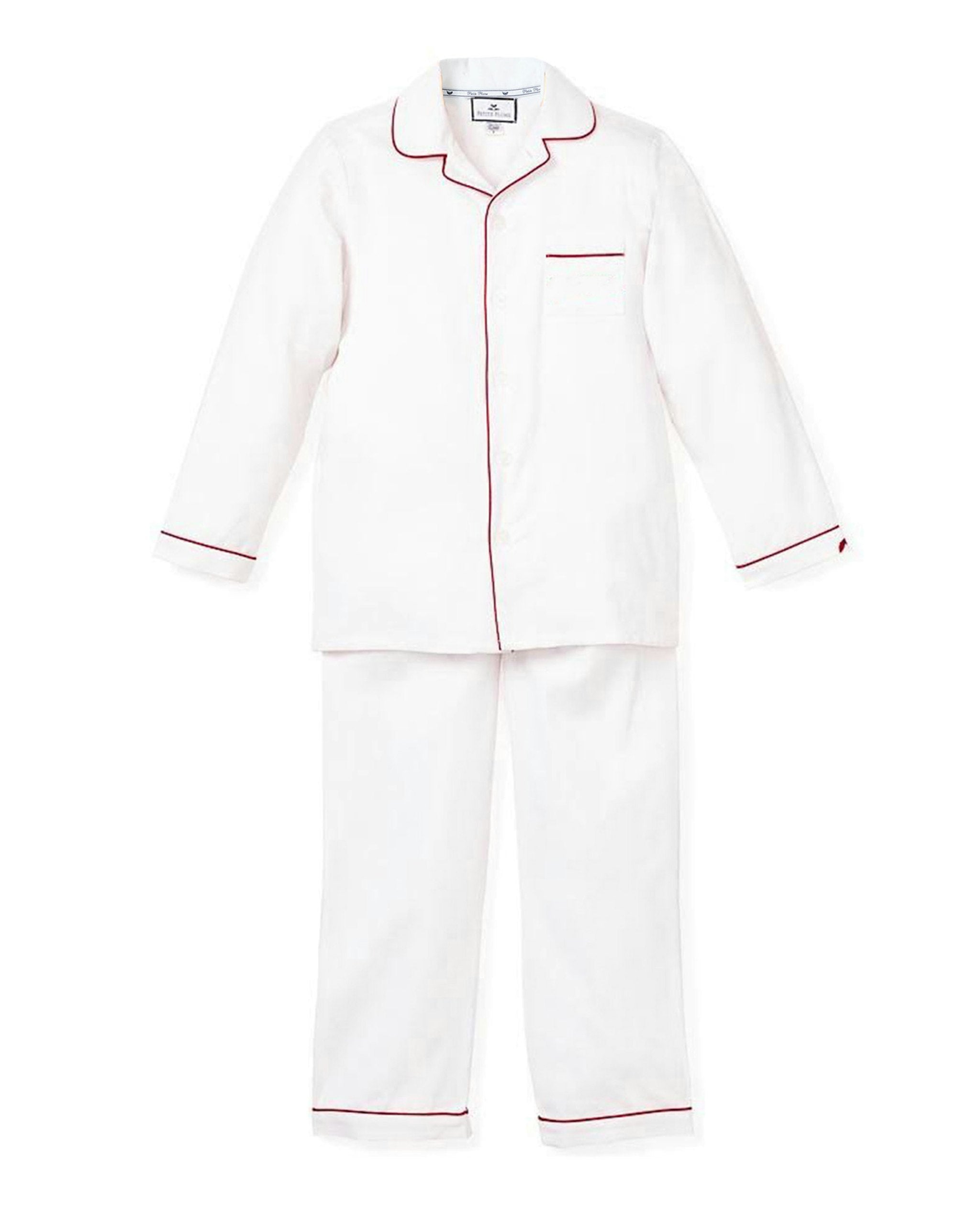 Kid's Twill Pajama Set in White in White with Red Piping#Color_White with Red Piping