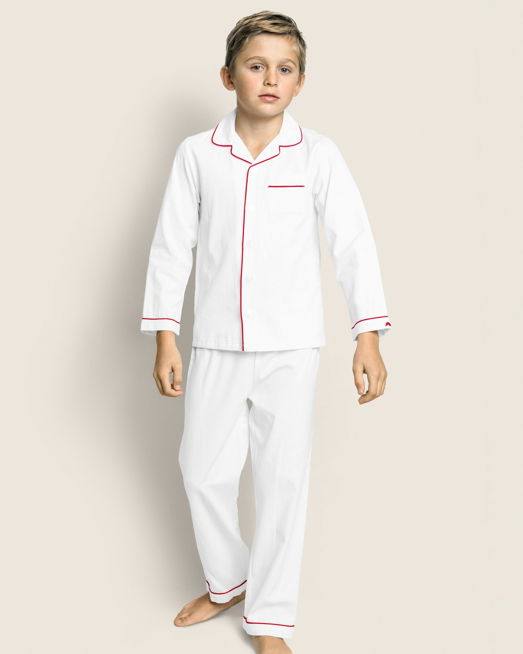 Kid's Twill Pajama Set in White with Pink Piping in White with Red Piping#Color_White with Red Piping