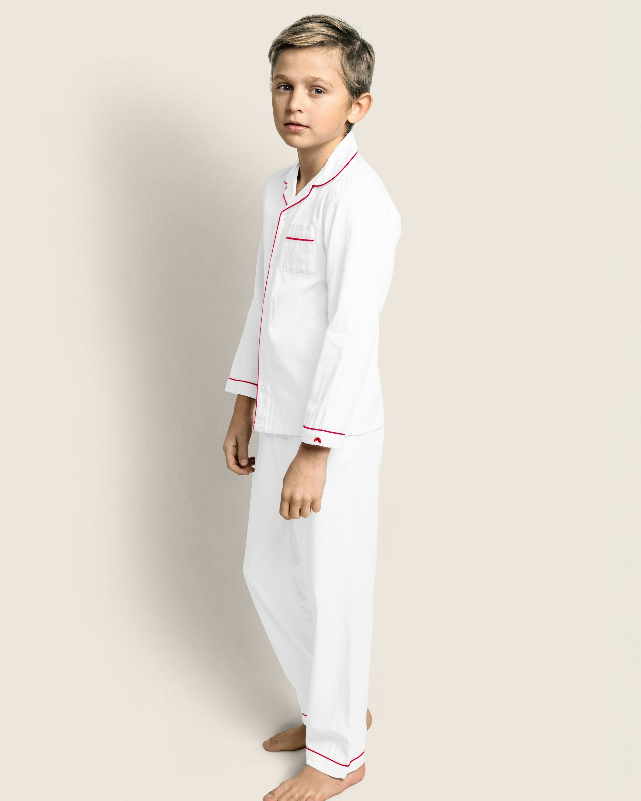 Kid's Twill Pajama Set in White in White with Red Piping#Color_White with Red Piping