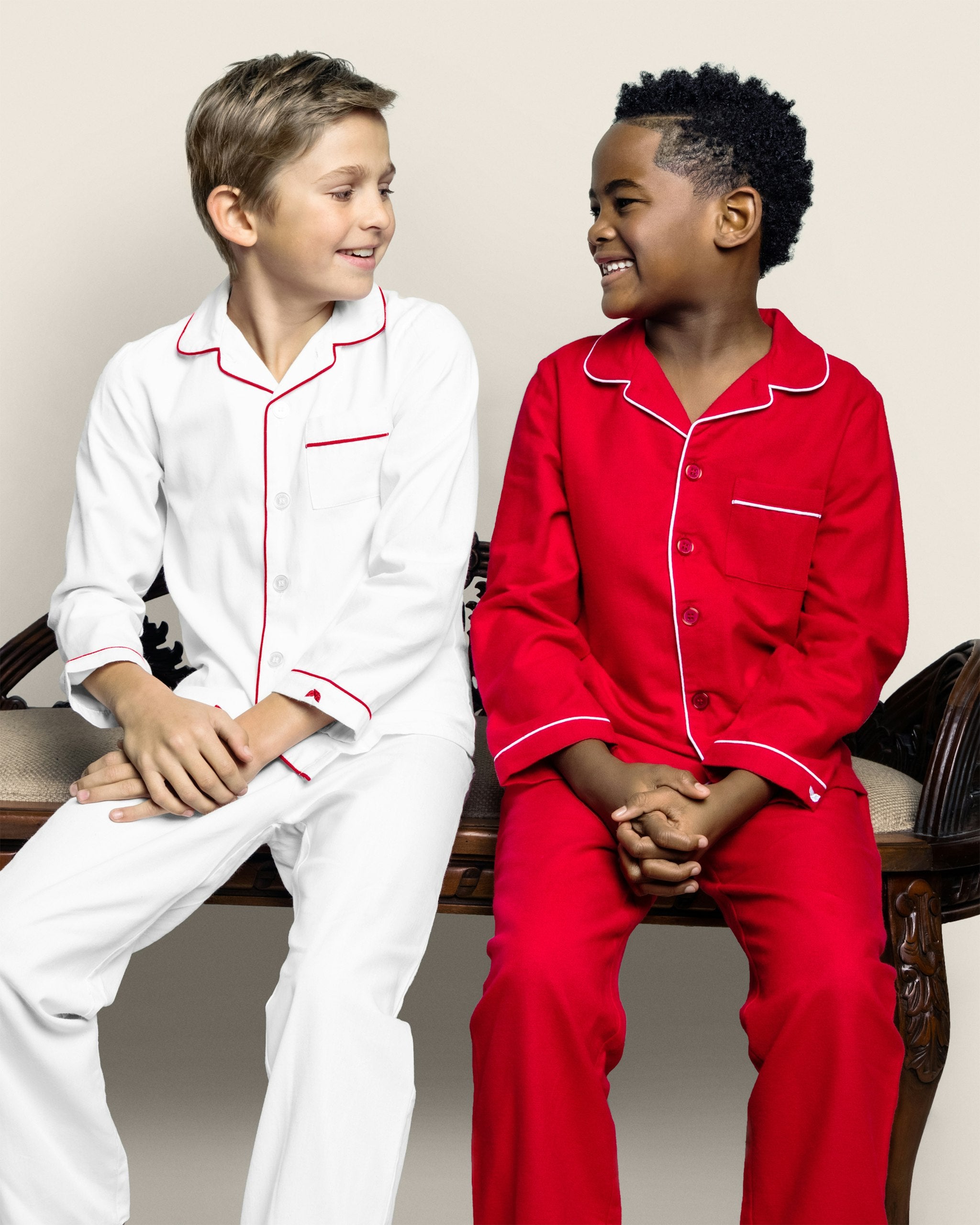 Kid's Twill Pajama Set in White with Pink Piping in White with Red Piping#Color_White with Red Piping