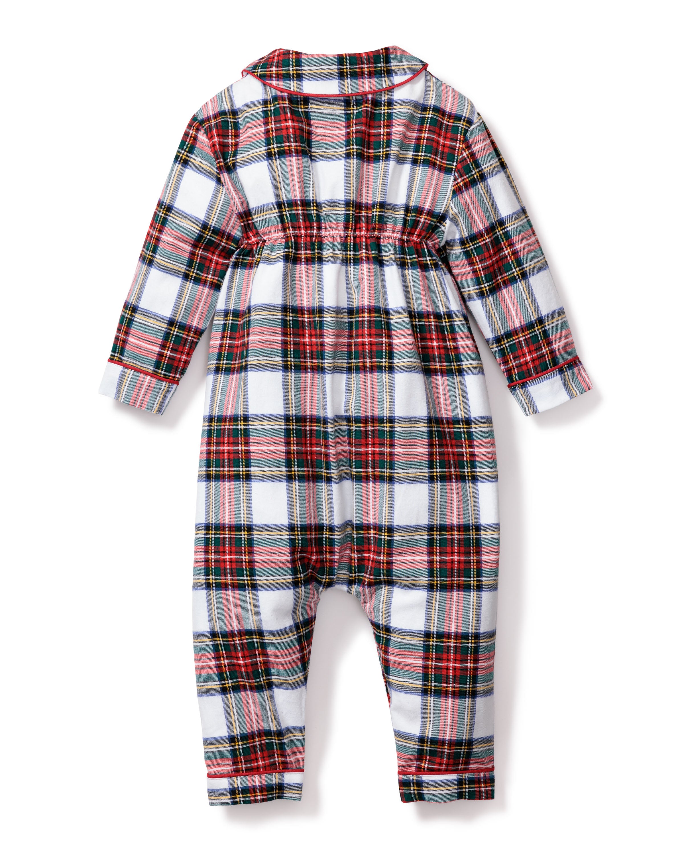 The Babys Brushed Cotton Cambridge Romper by Petite Plume, crafted from yarn-dyed cotton in a red, black, and white Balmoral Tartan with a gathered waist and collar, is shown spread flat on a white background from the back.