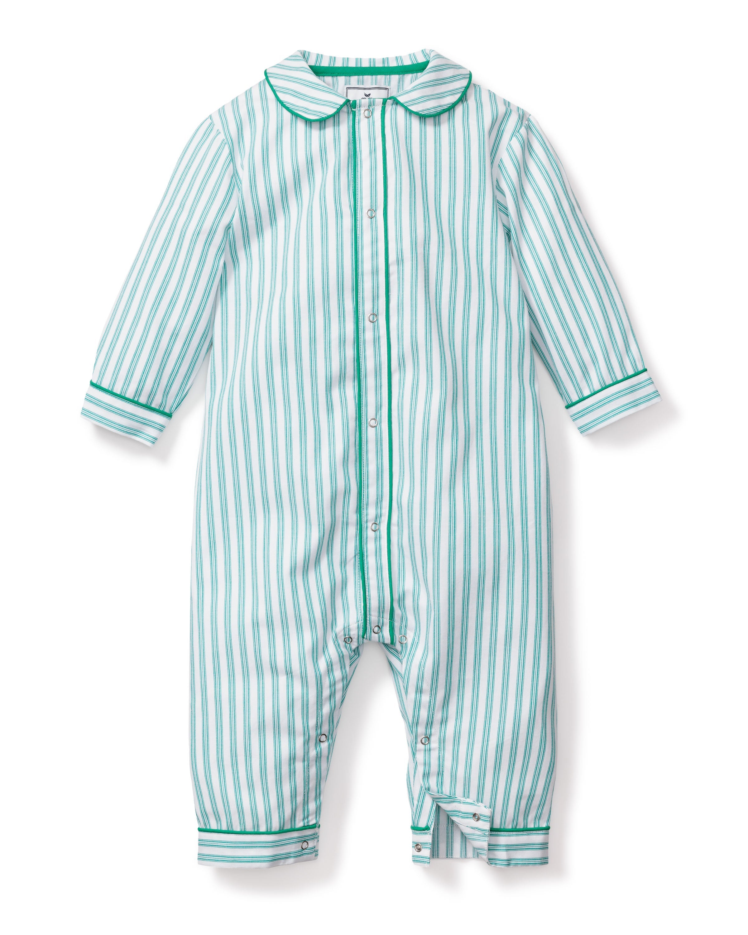 Petite Plumes Babys Twill Romper in Emerald Ticking features long sleeves, green and white stripes in a French ticking pattern, a collar, front buttons, and leg snaps. Made from chemical-free flame-retardant fabric with contrast-trimmed cuffs, its perfect childrens sleepwear.