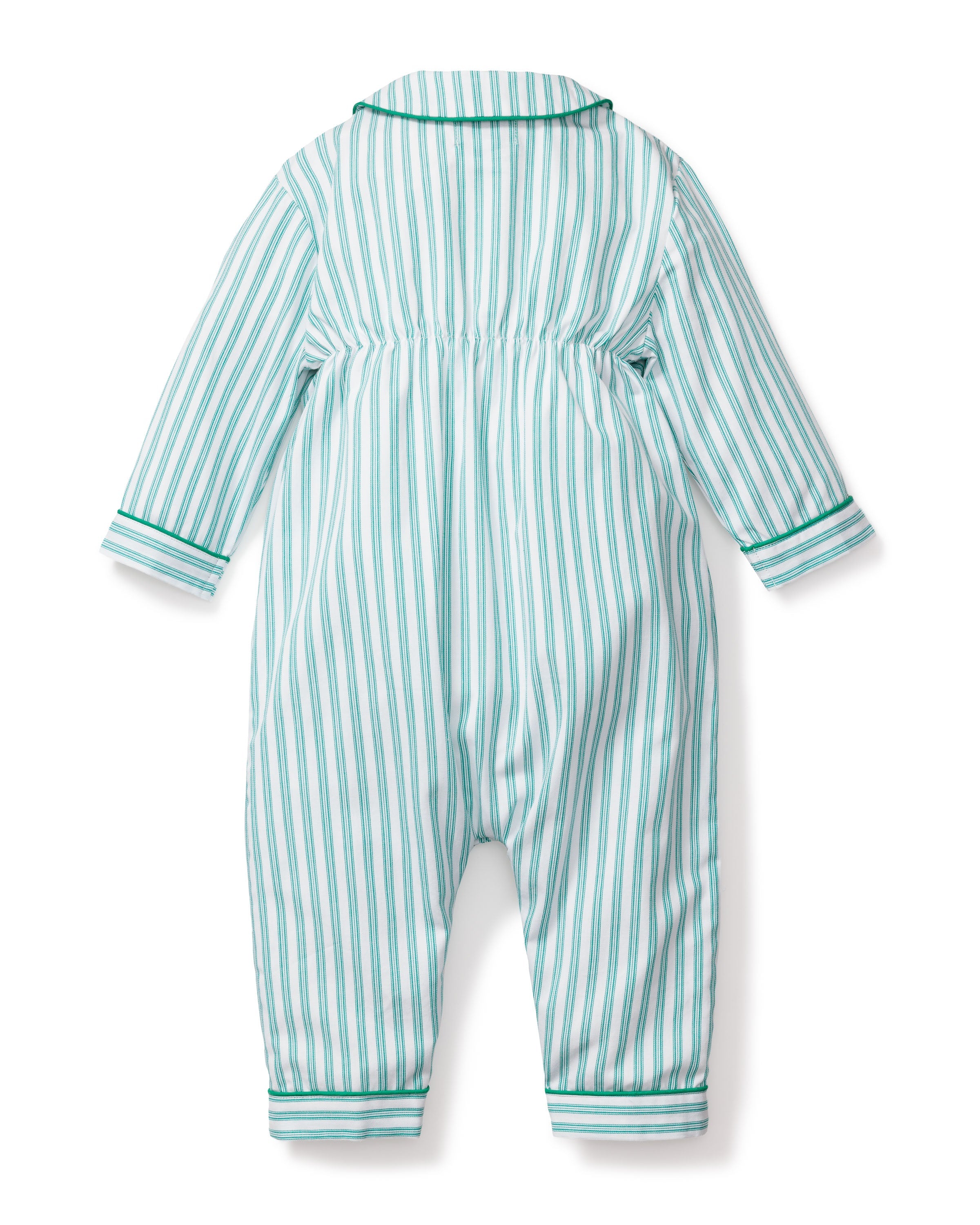 The back of Petite Plumes Babys Twill Romper in Emerald Ticking showcases a long-sleeve mint green and white French ticking pattern with a collar and matching cuffs. Crafted from chemical-free fabric, its loose fit is displayed against a plain white background.