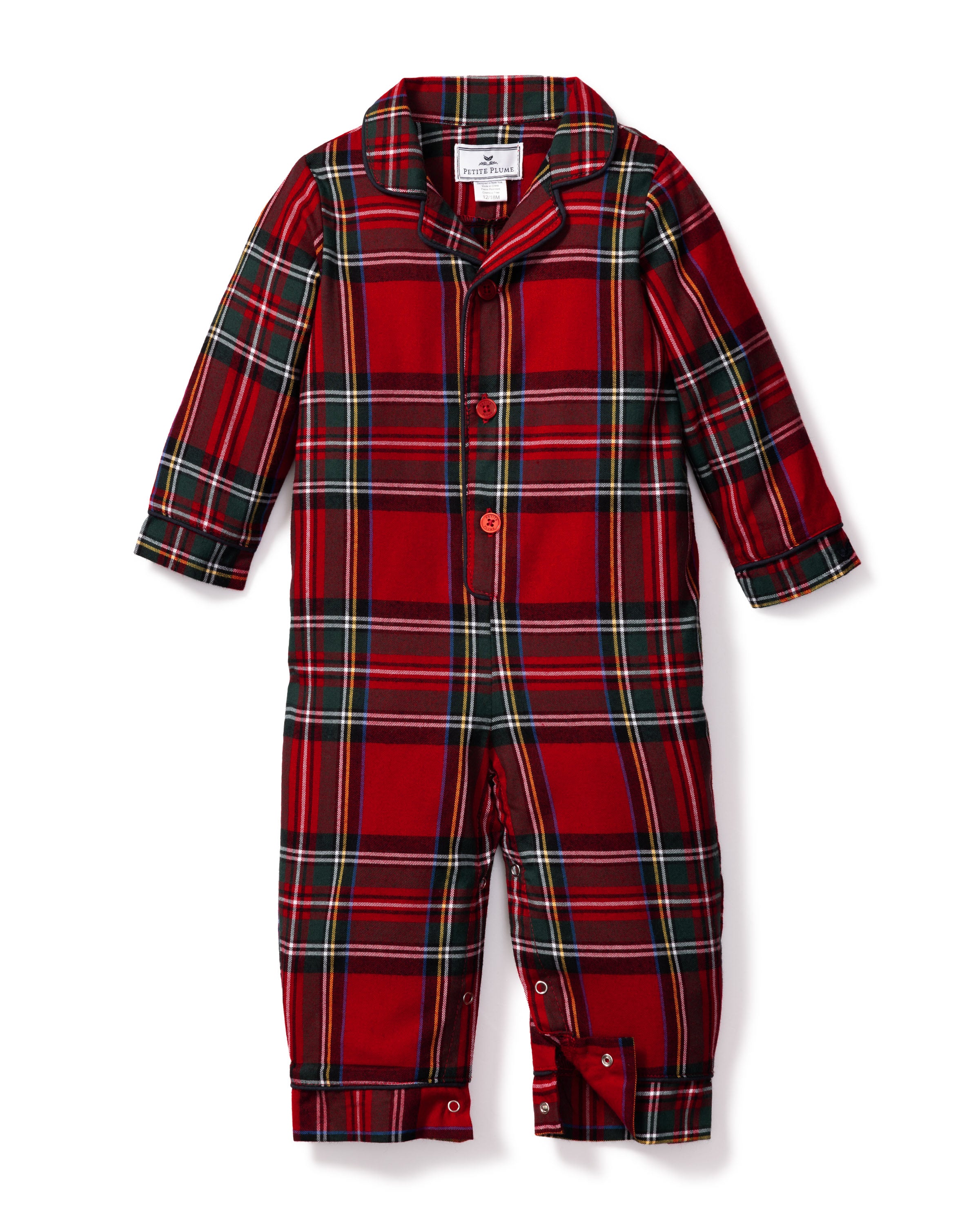 The Baby's Brushed Twill Classic Romper in Imperial Tartan features long sleeves, a collar, button front, and snap leg closures for easy diaper changes. Showcased on a white background, it has a red base with green, white, and yellow stripes.