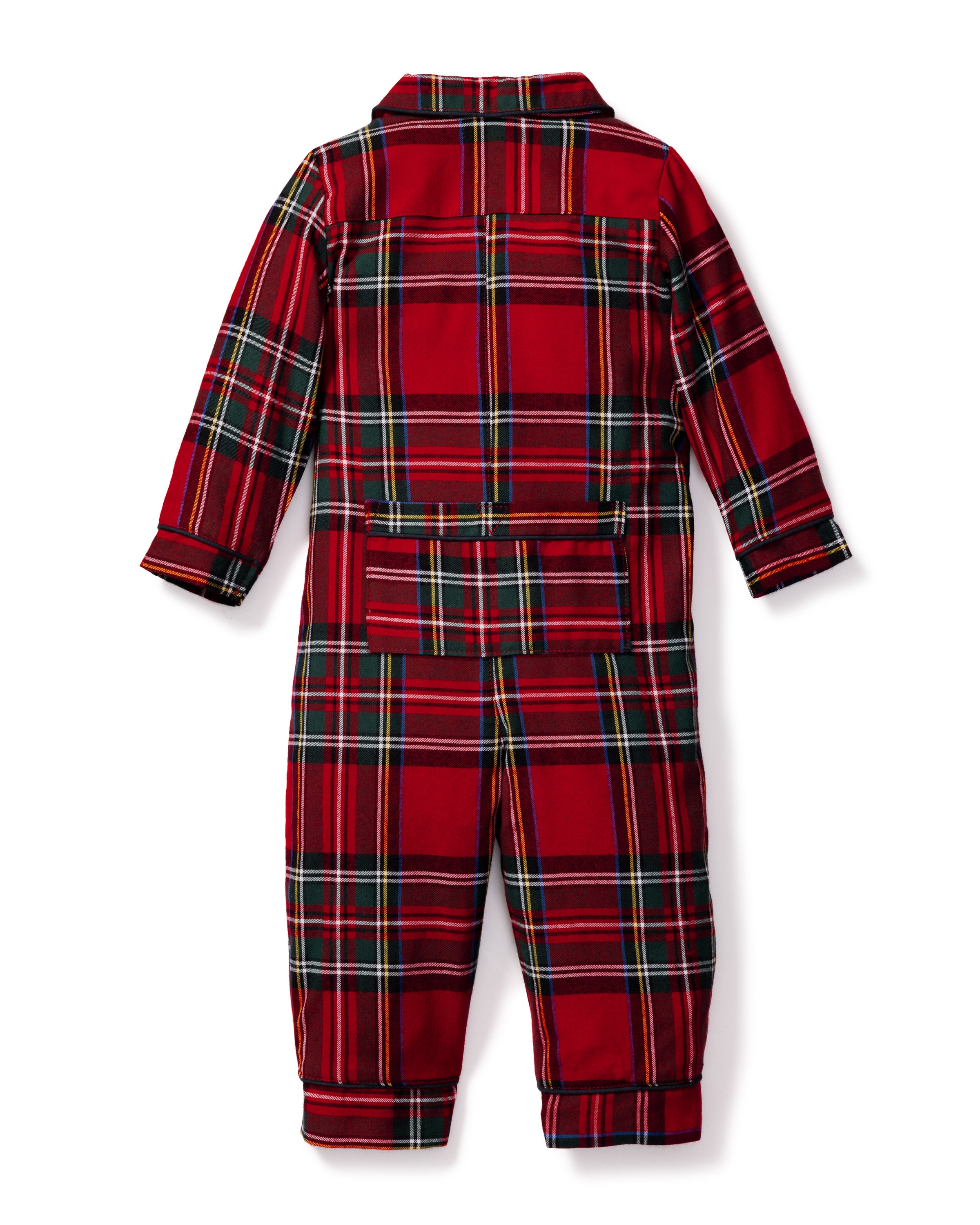 The Baby's Brushed Twill Classic Romper in Imperial Tartan features long sleeves, a collar, button front, and snap leg closures for easy diaper changes. Showcased on a white background, it has a red base with green, white, and yellow stripes.