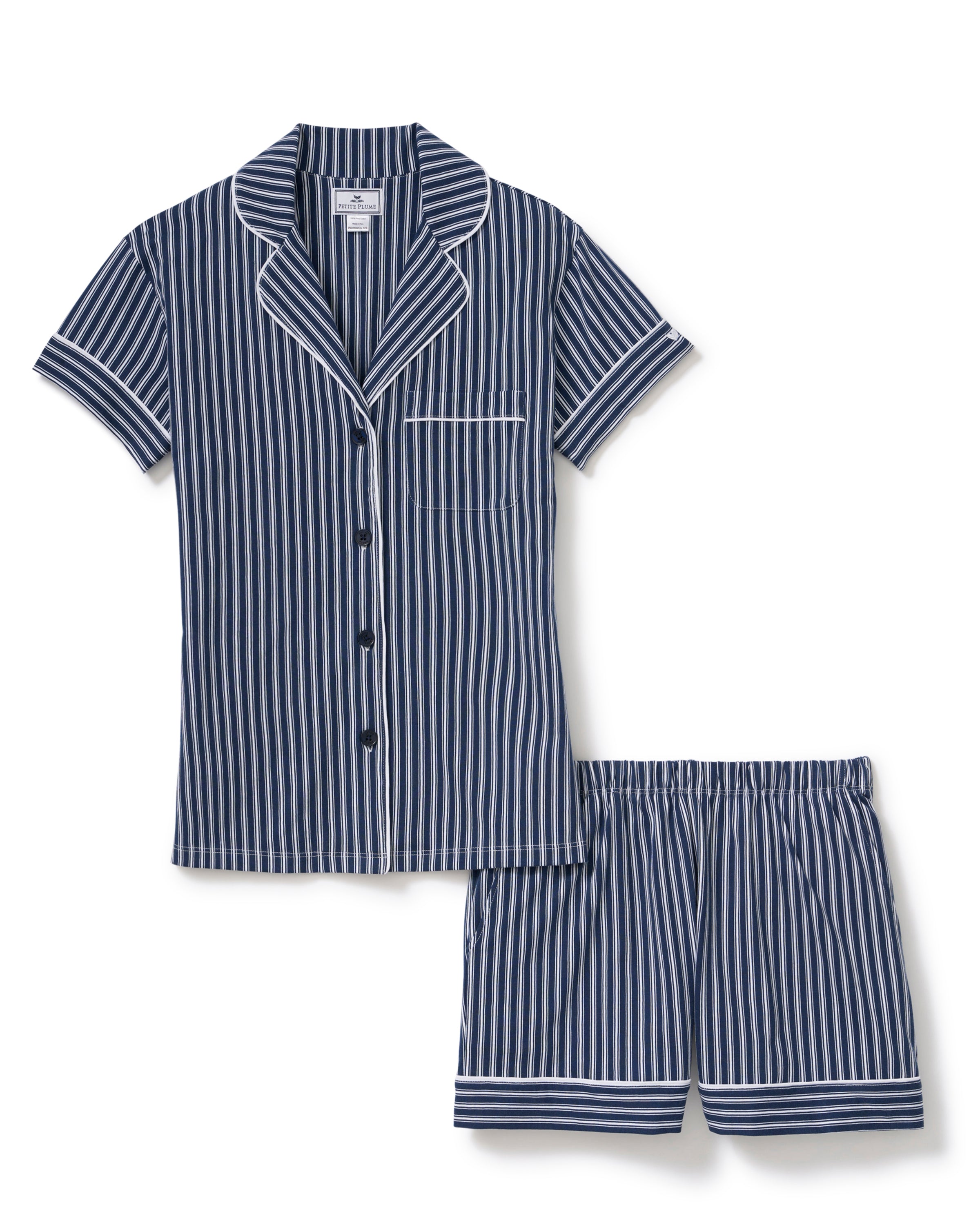 Women's Pima Short Sleeve Short Set in Admiral Ticking