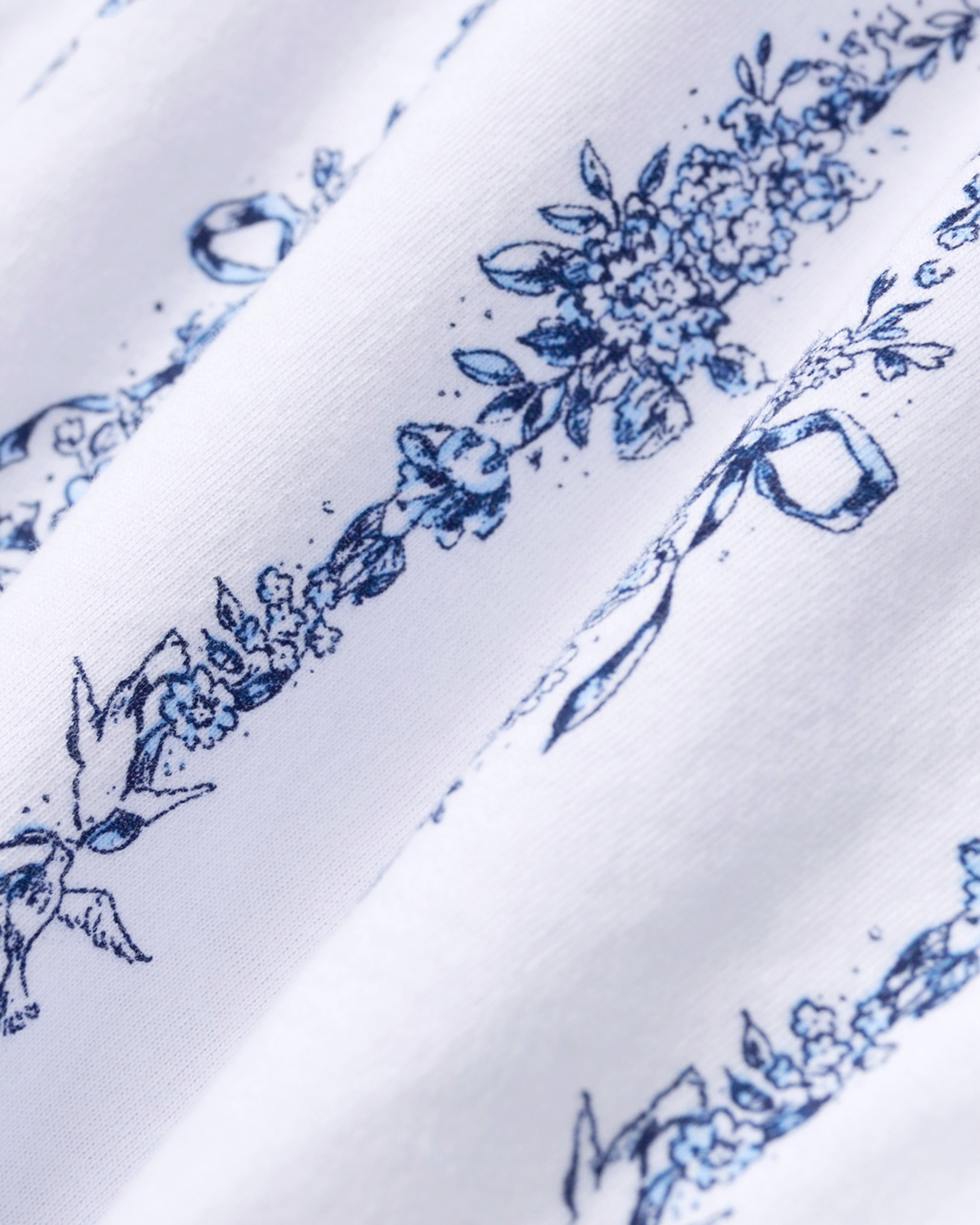Close-up of white pima fabric from The Poppy Pima Short Set in Navy Mayfair Toile, featuring a delicate, vintage-inspired blue floral and ribbon pattern with intricate flowers and leaves arranged in elegant vertical lines.
