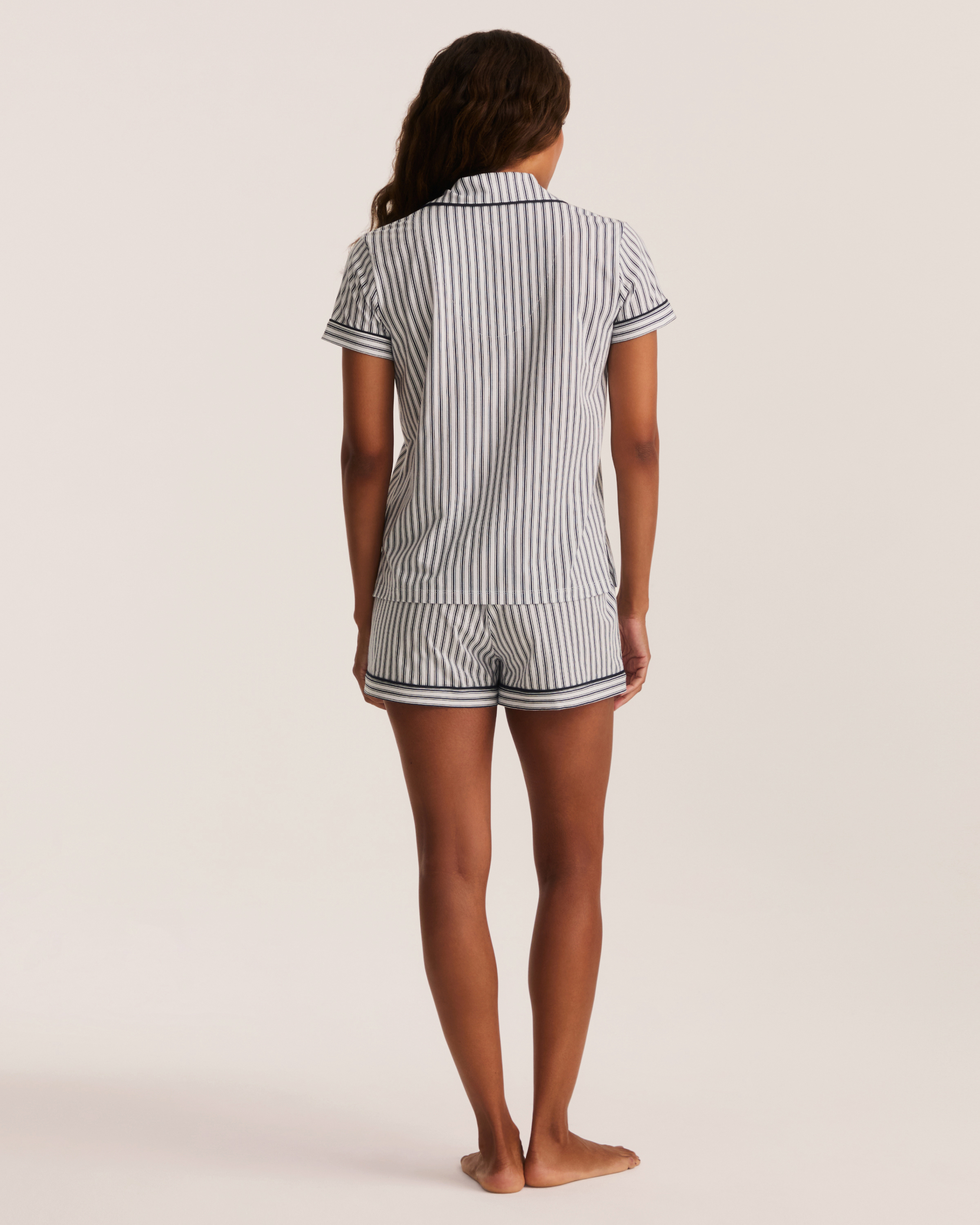 Greek Embroidered Poppy Lightweight Pima Short Set in Navy French Ticking