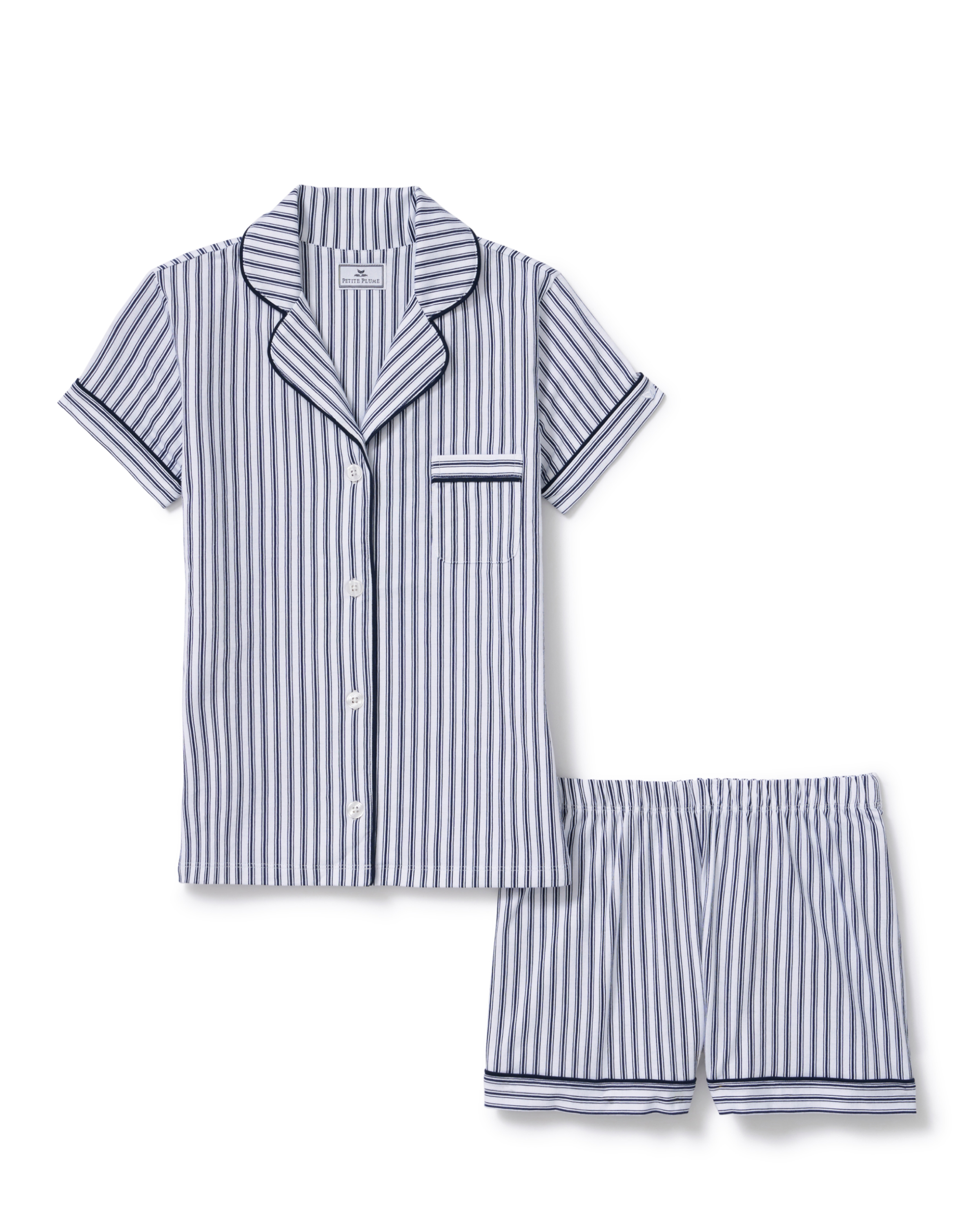 Greek Embroidered Poppy Lightweight Pima Short Set in Navy French Ticking