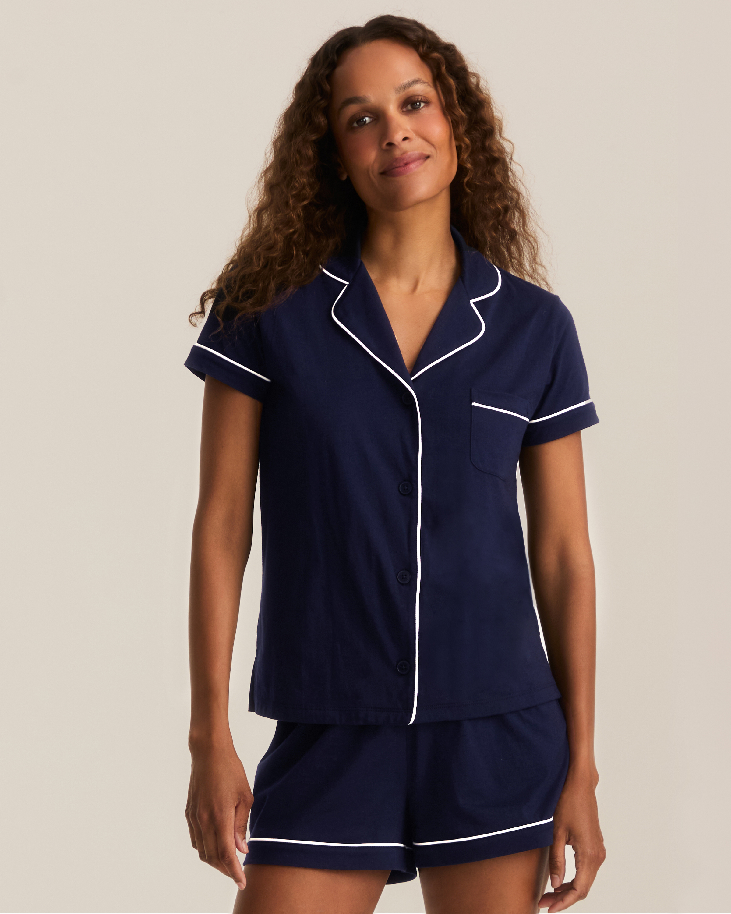 Greek Embroidered Poppy Lightweight Pima Short Set in Navy