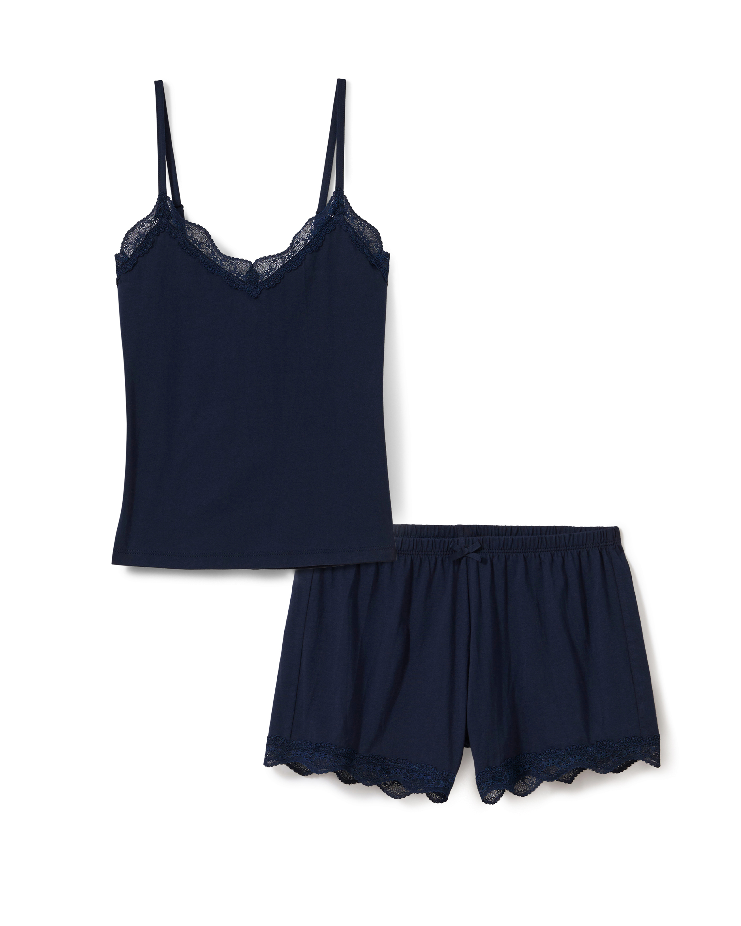 Women’s Lightweight Pima Cami Short Set in Navy, featuring a lace-trimmed camisole and matching shorts with delicate lace details along the edges.