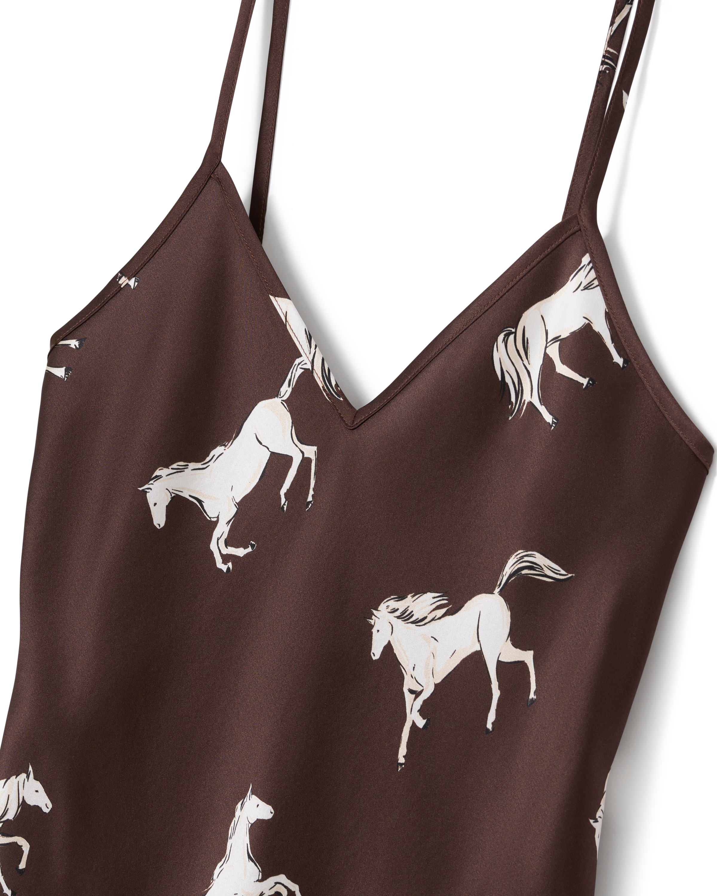 Women’s Silk Cami Short Set in Highgrove Equestrian features a brown spaghetti strap design with a white horse print, showcasing horses in various running poses across the fabric.