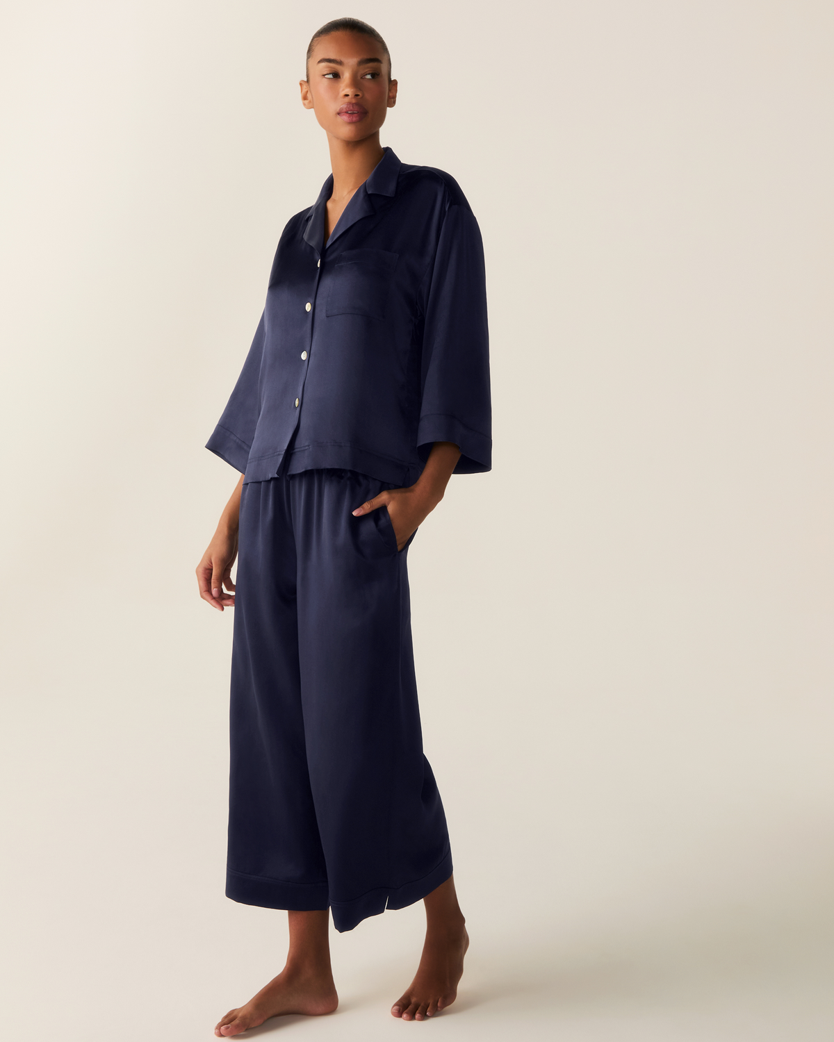 The Olivia Wide Leg Silk Pajama Set in Navy
