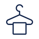Simple line drawing of a clothes hanger with a towel or cloth draped over the horizontal bar, on a light background.
