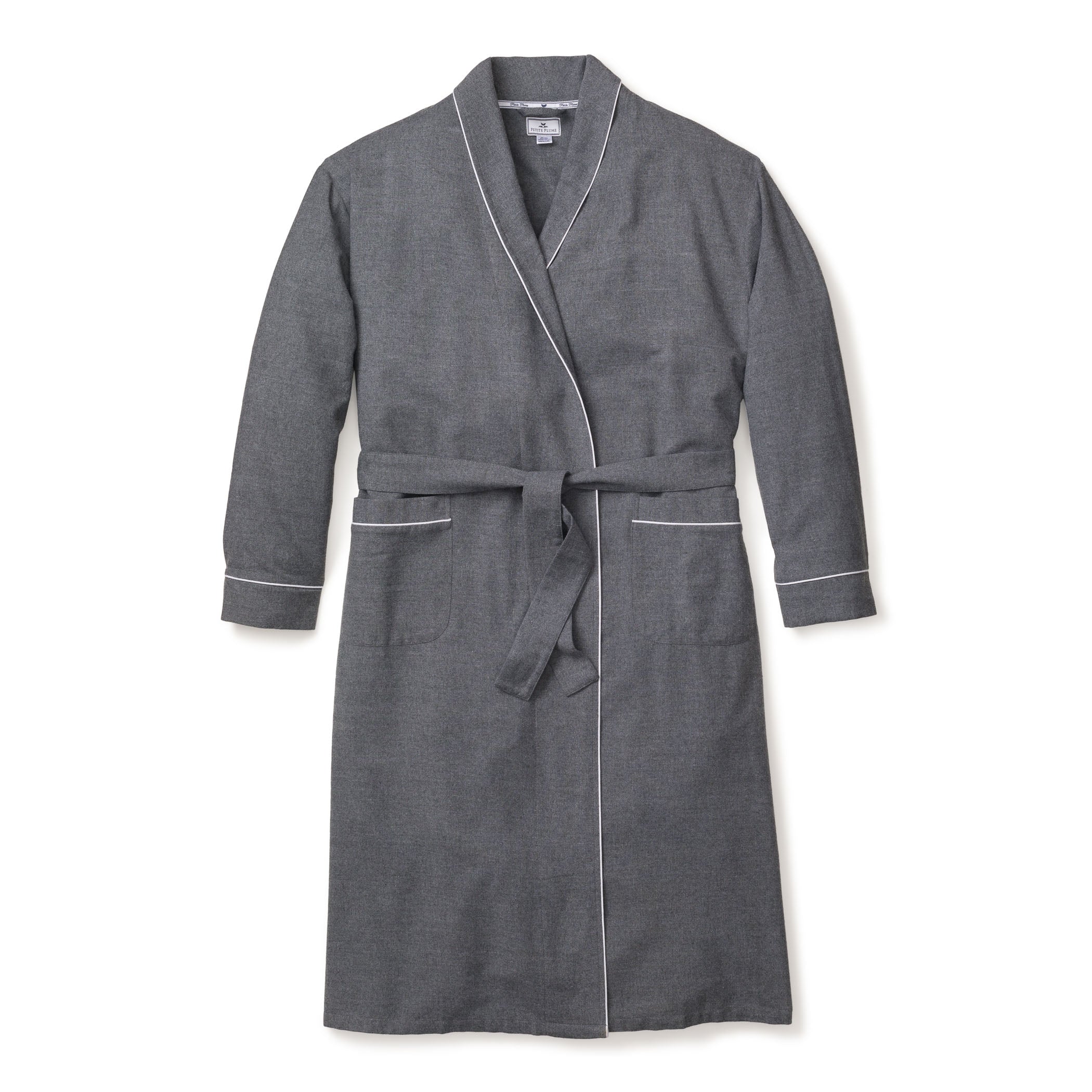 Petite Plumes Womens Flannel Robe in Grey is an elegant and luxurious 100% cotton sleepwear piece featuring long sleeves, a fabric belt, two front pockets, and a shawl collar. Its beautifully showcased against a plain white background.