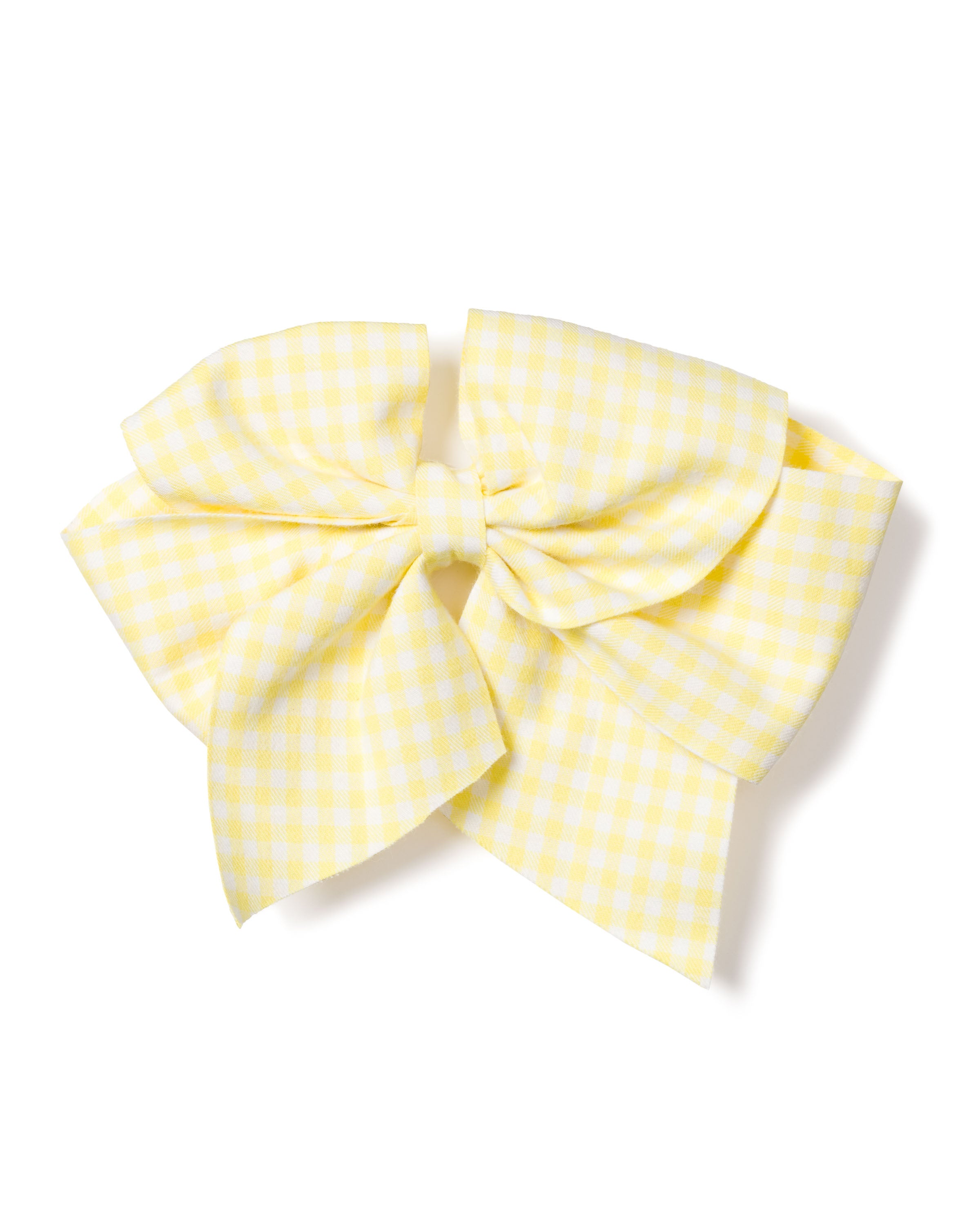 The Girls Twill Hair Bows in Yellow Gingham by Petite Plume feature a large, decorative checkered pattern with symmetrical loops and long tails, perfect as a girls hair accessory.