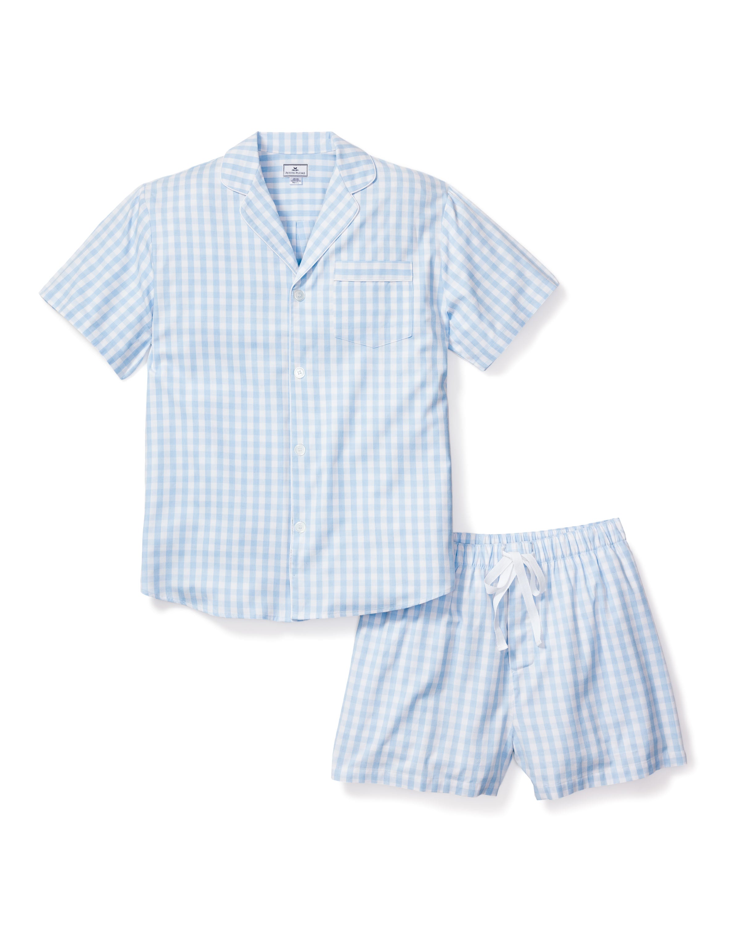 Experience luxurious comfort with Petite Plumes Mens Twill Pajama Short Set in Light Blue Gingham. Featuring a premium cotton short-sleeve button-up shirt with a chest pocket and matching shorts, this sleepwear offers effortless style for restful nights.
