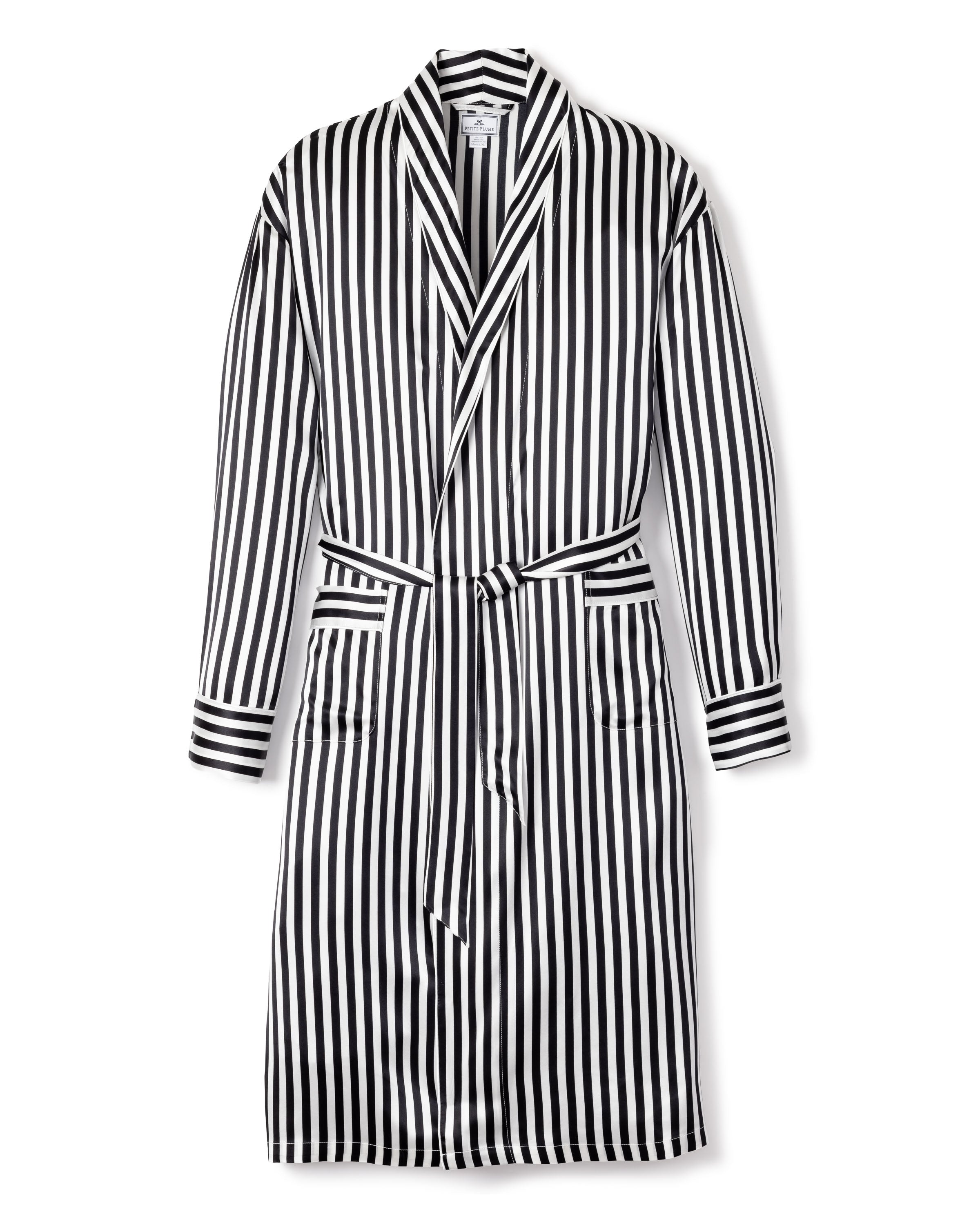 The Petite Plume Mens Silk Long Robe in Black and White Bengal Stripe features long sleeves, a shawl collar, two front pockets, and a matching waist belt, evoking classic Hollywood glamour. Laid flat on a white background.