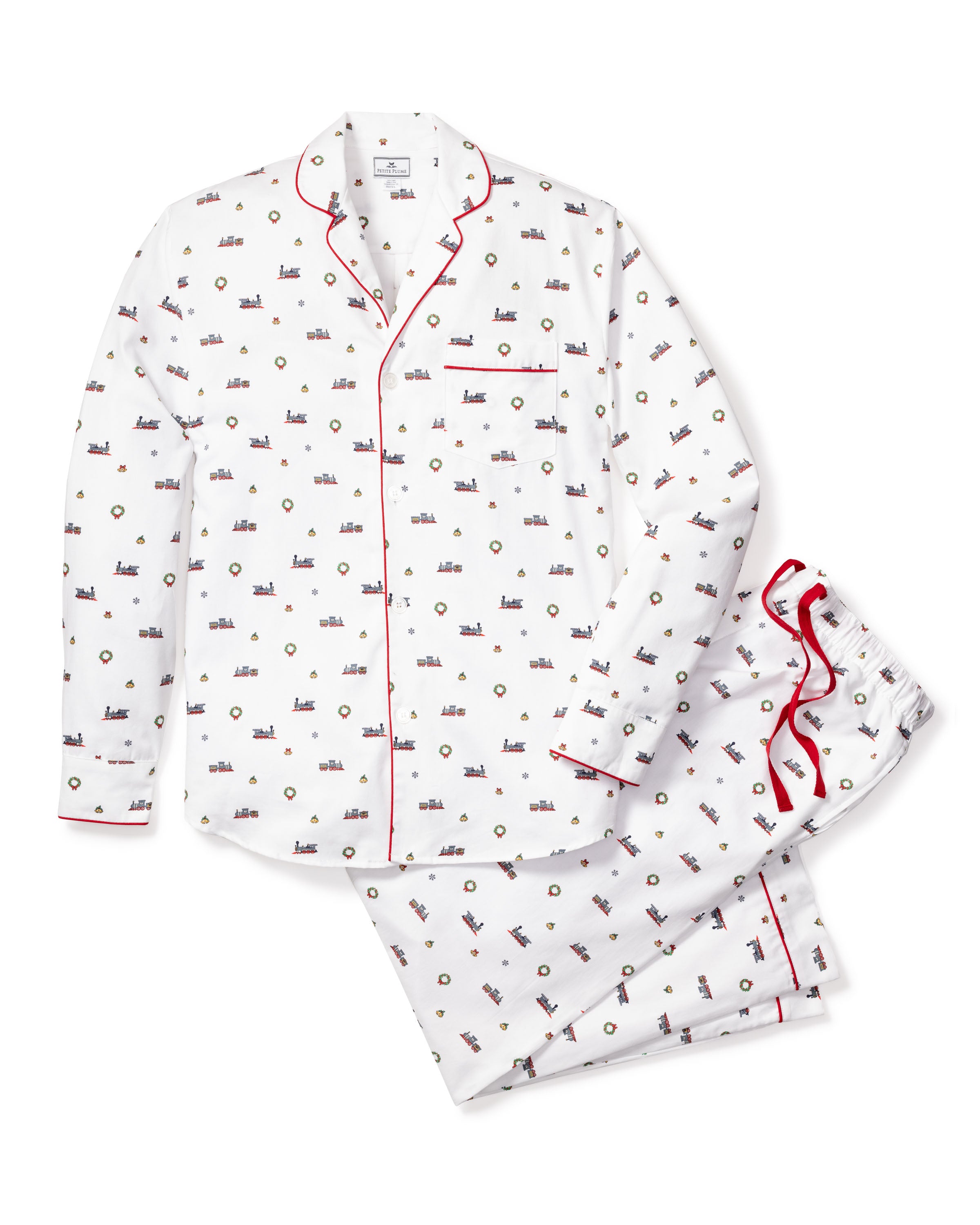 The Mens Twill Pajama Set in Arctic Express by Petite Plume is a luxury sleepwear set featuring a white cotton design with car, bicycle, and clock prints. The shirt includes a collar, chest pocket, and red piping, while the pants feature a stylish red drawstring for added elegance.