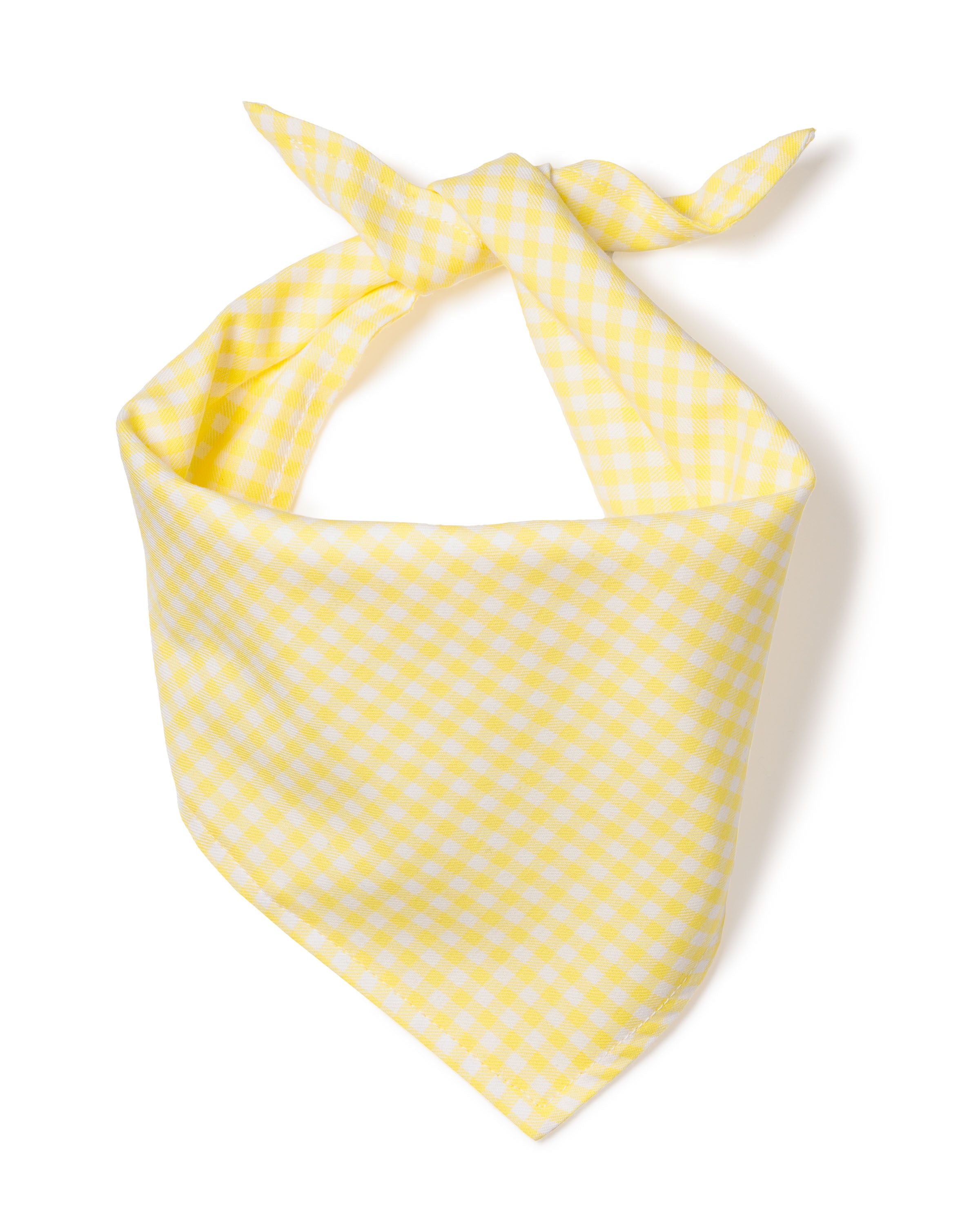 The Petite Plume Dog Twill Bandana in Yellow Gingham is showcased against a plain white background. This charming checkered accessory, featuring a tied knot, makes an ideal addition to your delightful dog collection.