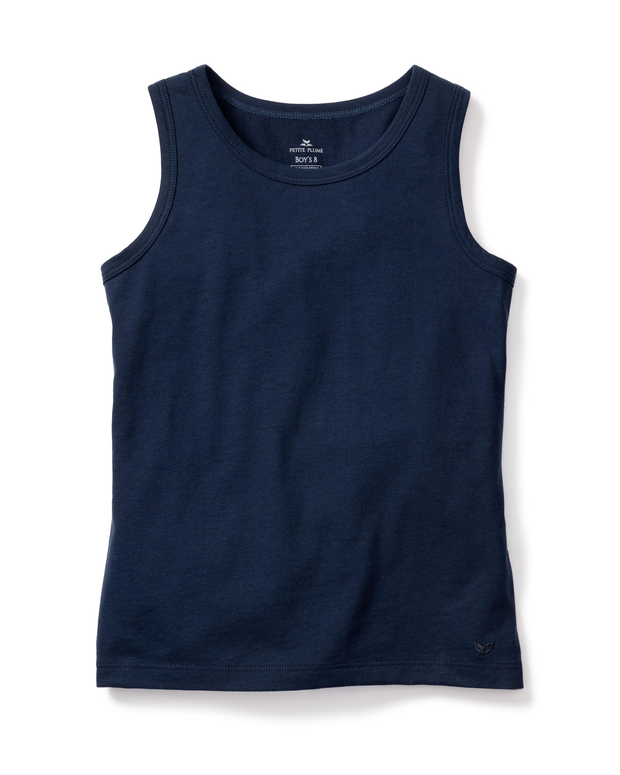 The Kids Pima Tank Top in Navy by Petite Plume is crafted from soft Peruvian Pima cotton, featuring a plain design with neat stitching around the neckline and armholes, making it a comfortable choice for casual wear.