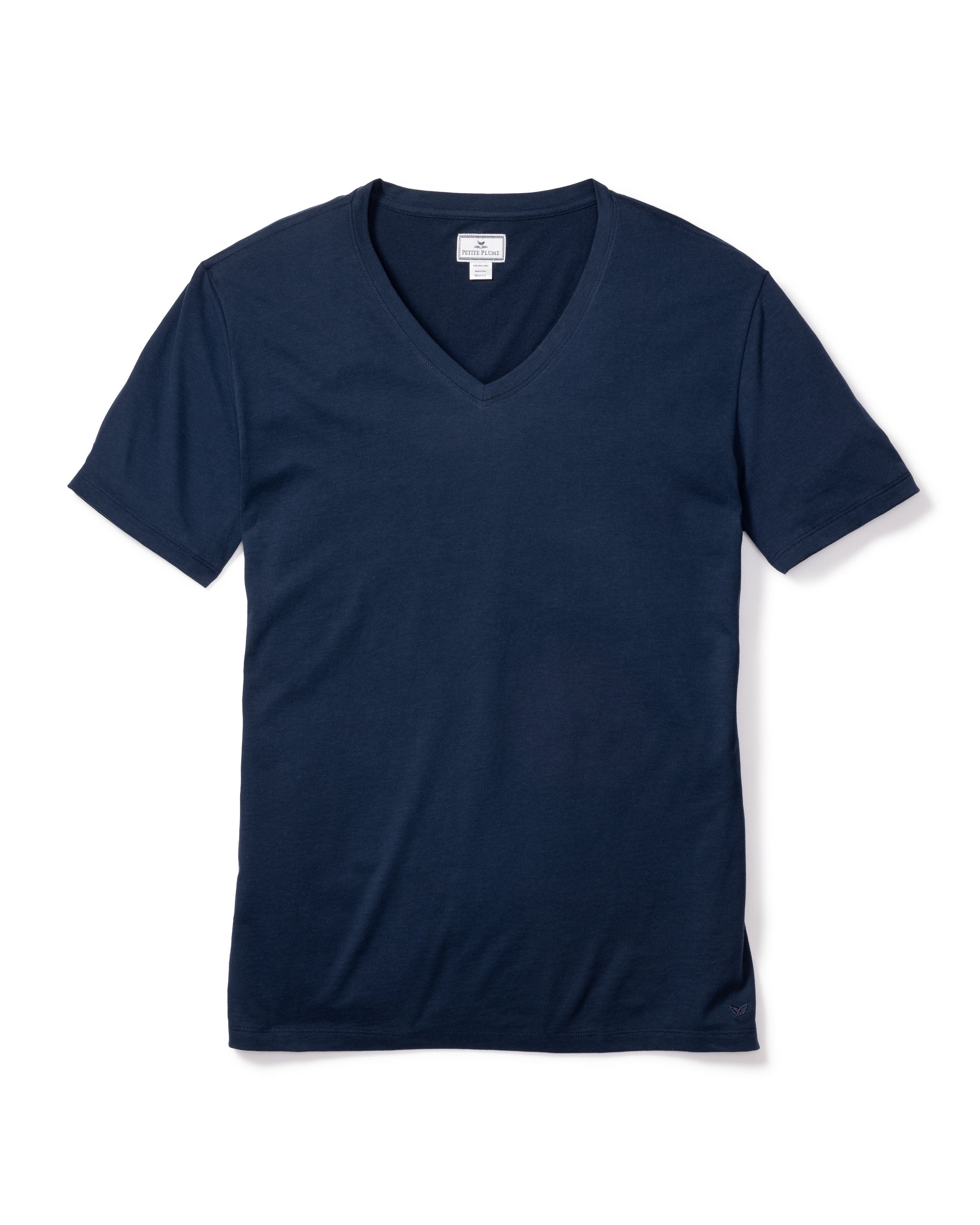 The Mens Pima V-Neck Top in Navy by Petite Plume is showcased on a white background. This luxurious Peruvian Pima cotton shirt has short sleeves and a discreet inner collar tag.