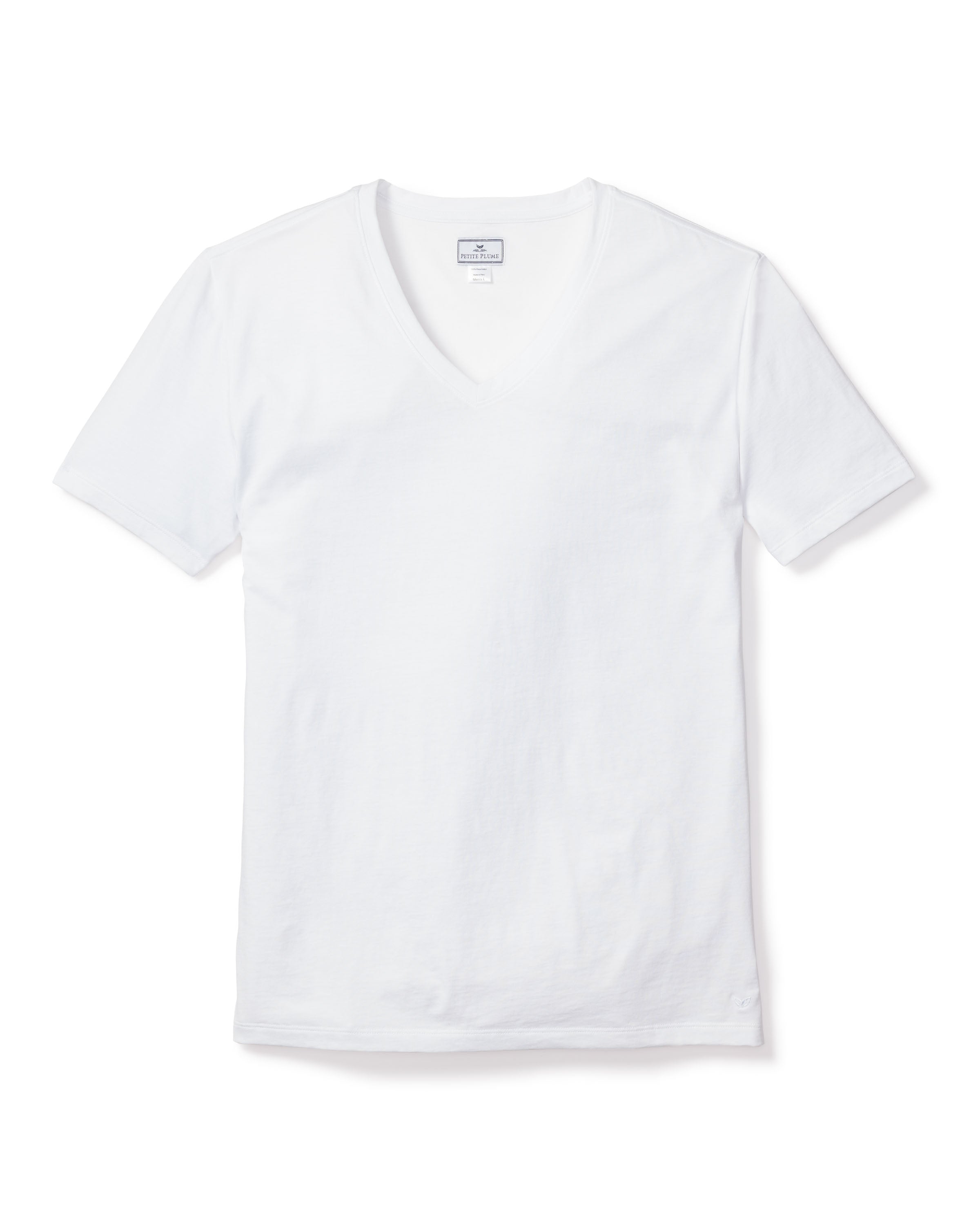 The Petite Plume Mens Pima V-Neck Top in White, with short sleeves and made from luxurious Peruvian Pima cotton, is displayed laid flat on a plain backdrop.
