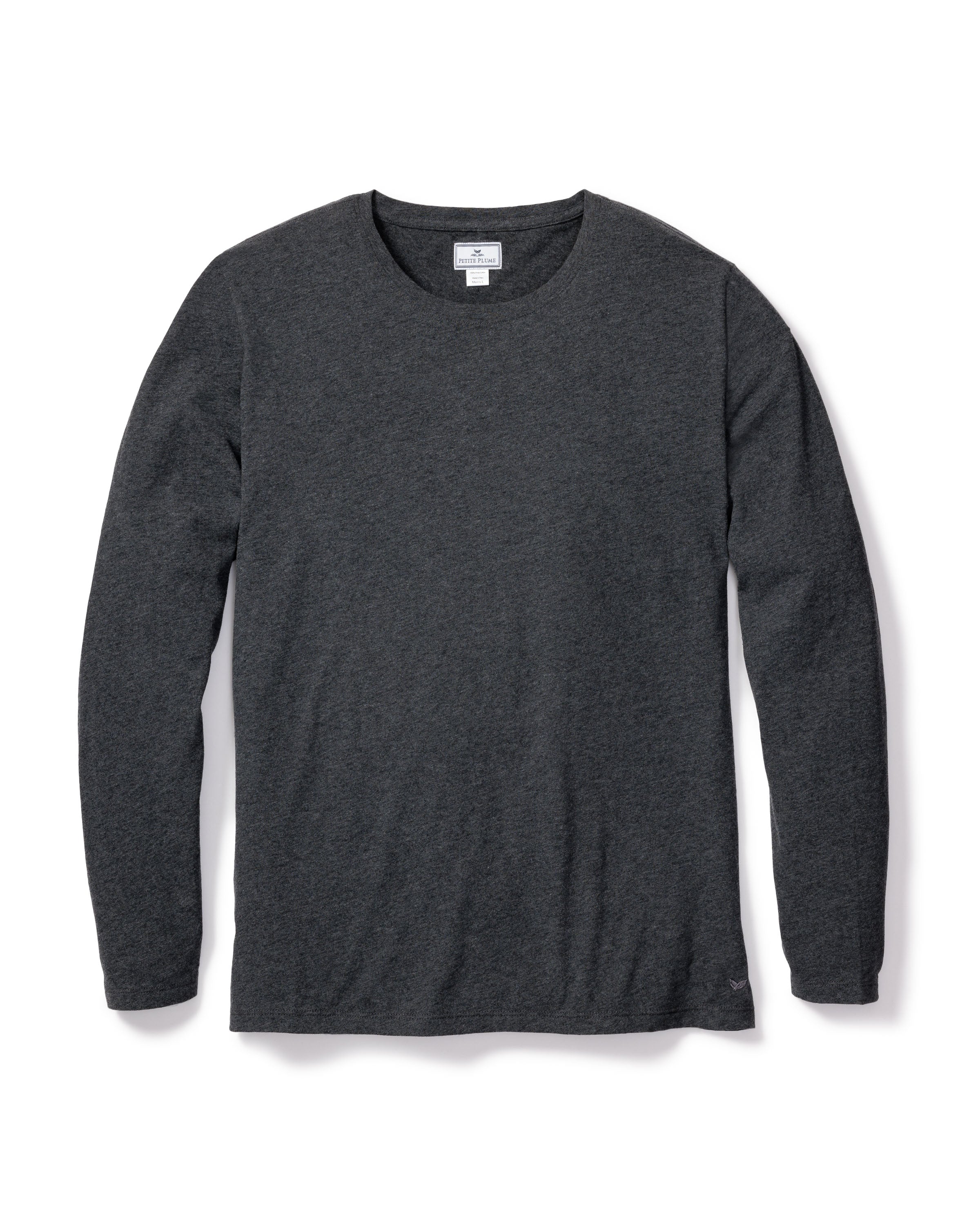 A Mens Pima Crew Neck Long Sleeve Top in Dark Heather Grey, by Petite Plume, is showcased on a white background. Crafted from breathable Peruvian Pima cotton, it offers a soft and casual feel perfect for everyday wear.