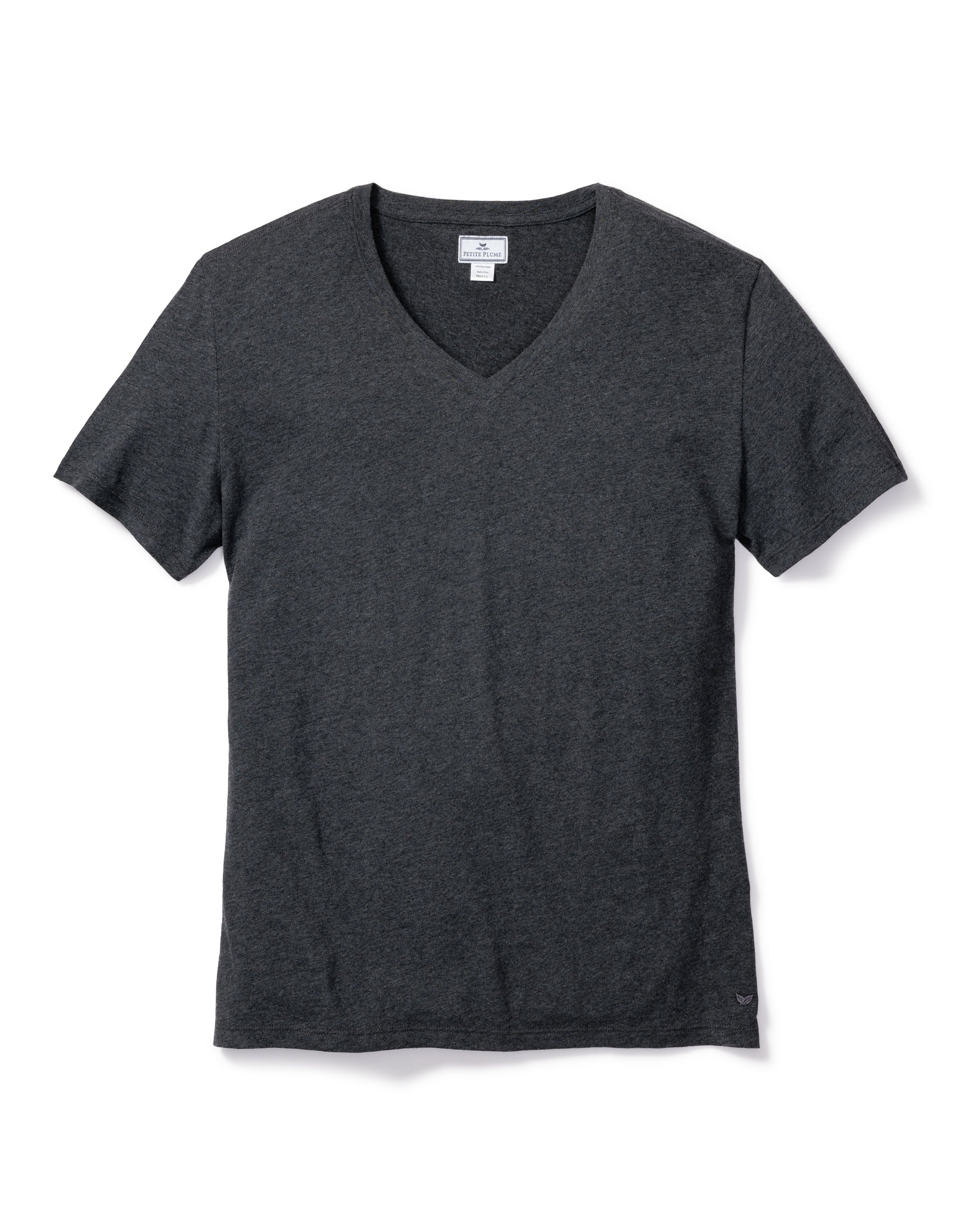 The Mens Pima V-Neck Top in Dark Heather Grey by Petite Plume is a short-sleeved, dark gray shirt made from luxurious Peruvian Pima cotton, displayed against a white background with a small tag inside the back neckline.