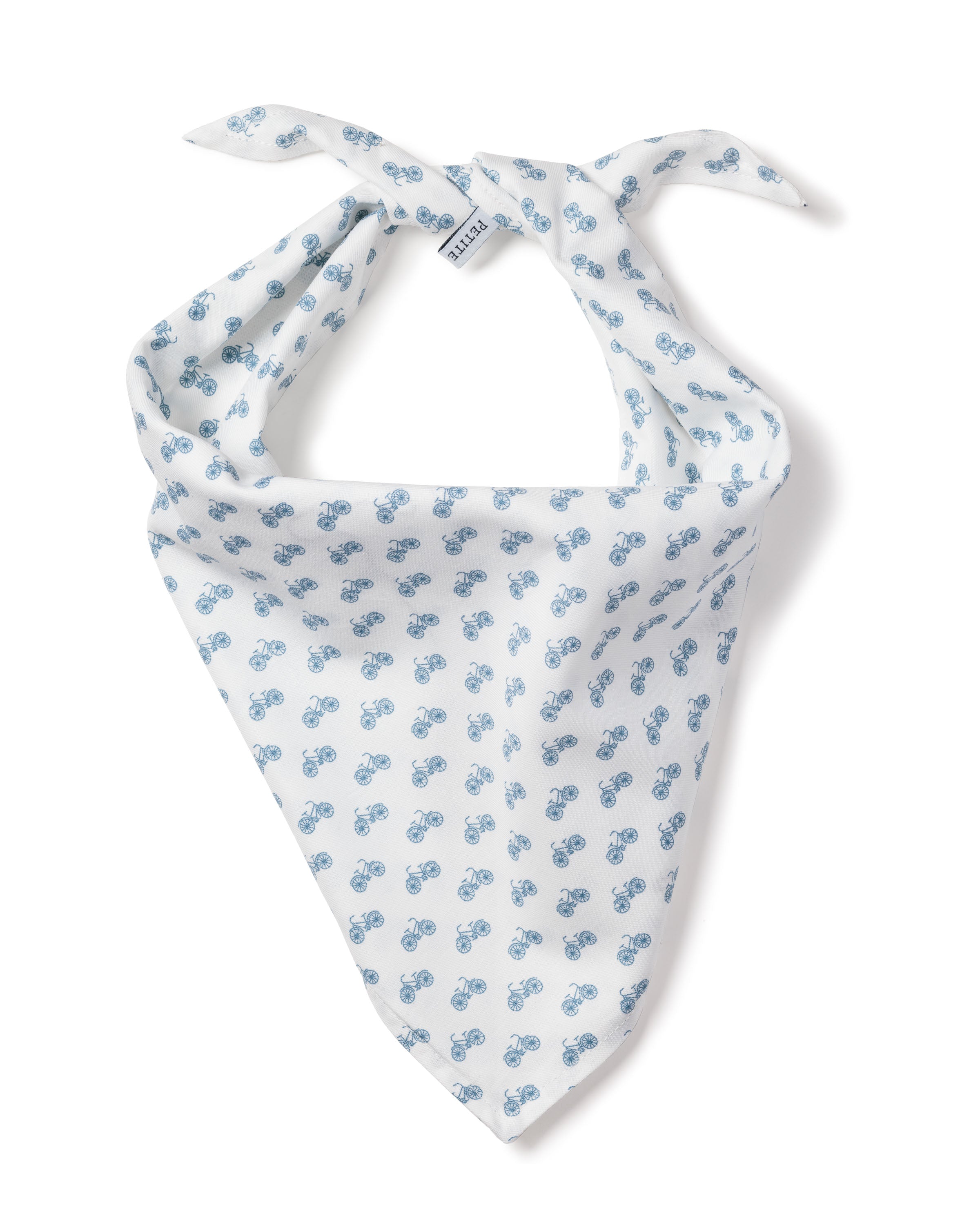 The Dog Twill Bandana in Bicyclette by Petite Plume is a charming white cotton accessory, featuring blue bicycle patterns. It ties at the ends to form a triangle, perfectly combining style and function for your furry friend.