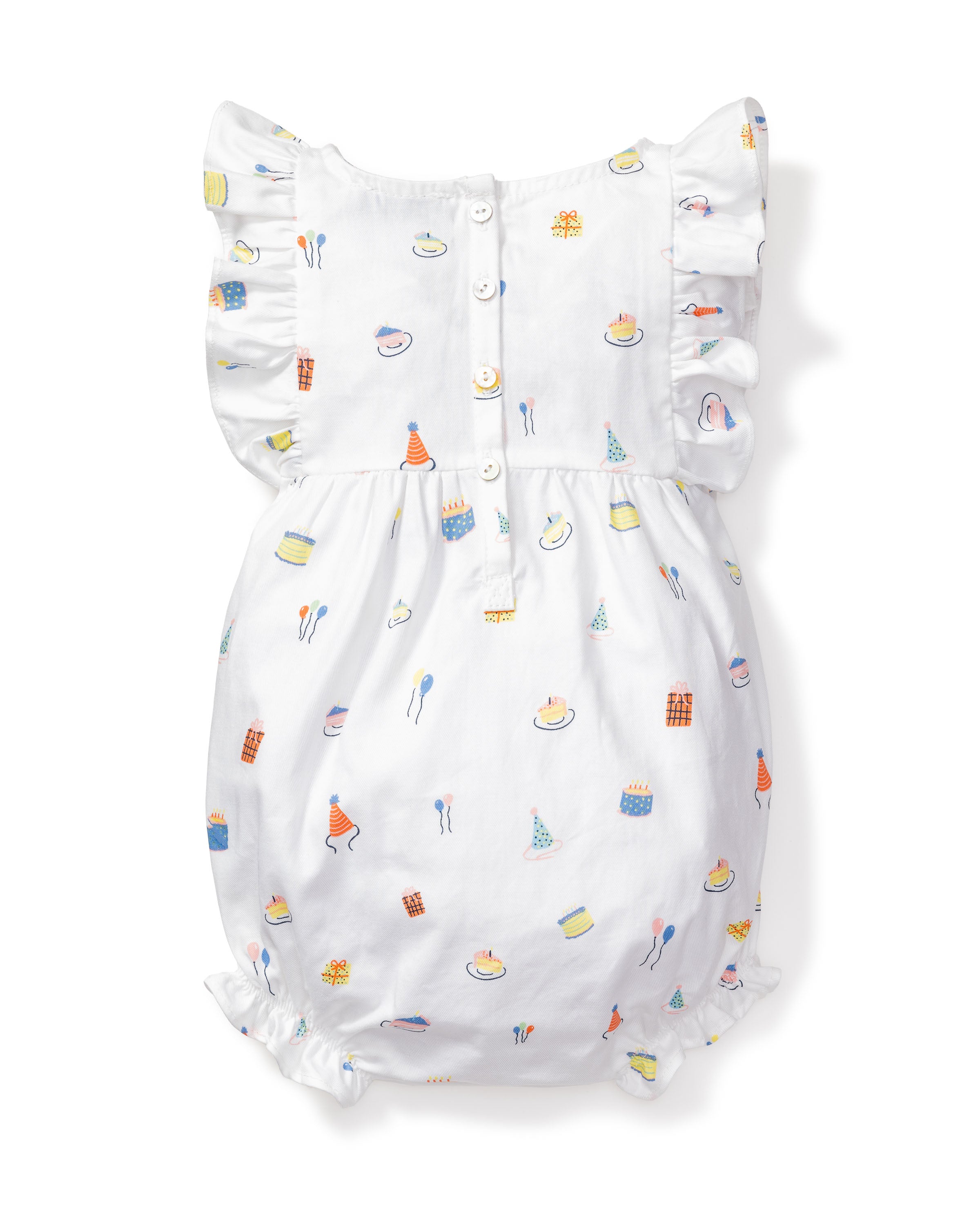 Petite Plumes Babys Twill Ruffled Romper in Birthday Wishes is a white romper with ruffled sleeves featuring colorful cake, candle, and party hat designs inspired by the Victorian era. It includes front buttons for easy fastening.