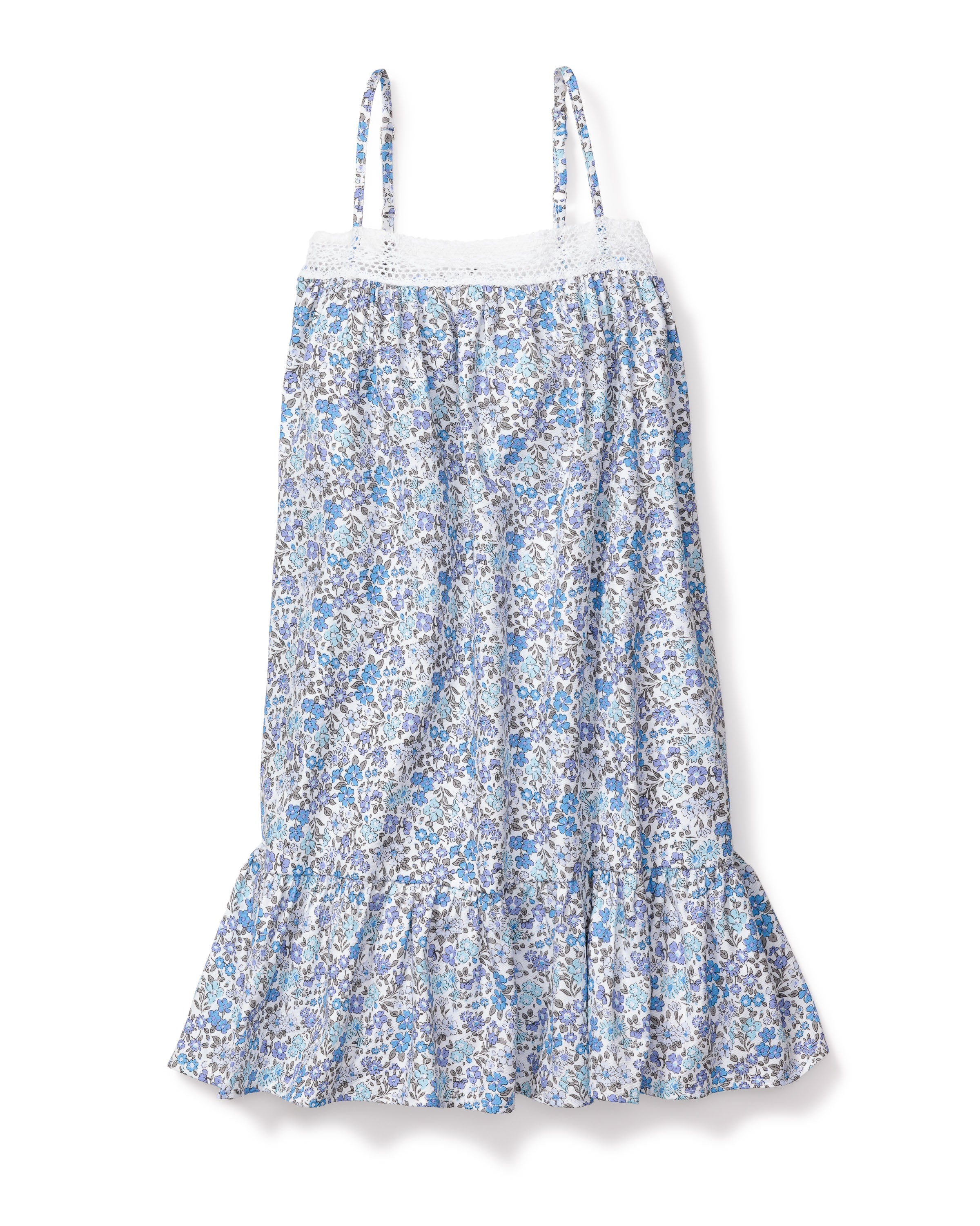 The Girls Twill Lily Nightgown in Fleur DAzur by Petite Plume features a vintage floral pattern with blue and white flowers on a white background, spaghetti straps, a ruffled hem, and lace detailing at the neckline.