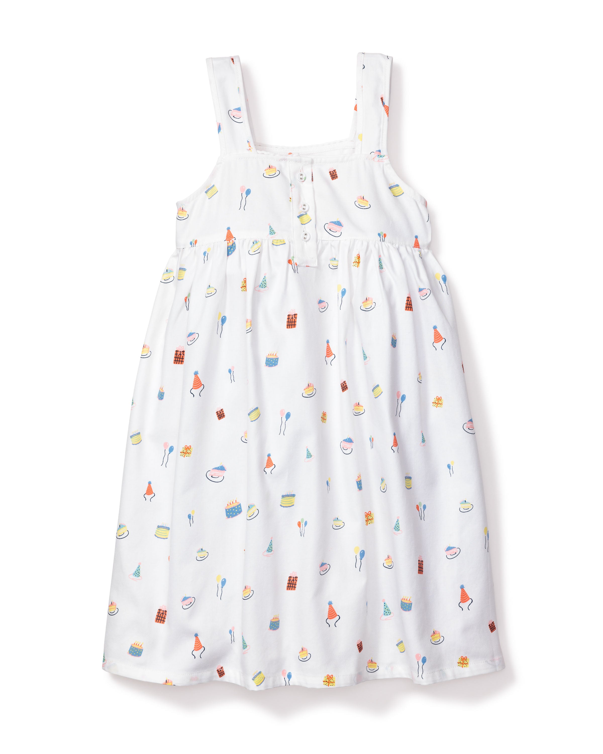 The Girls Twill Charlotte Nightgown in Birthday Wishes by Petite Plume is a delightful white sleeveless dress made from yarn-dyed cotton with vibrant prints of sweet treats, featuring a gathered waist and charming button details for a perfect blend of style and comfort.
