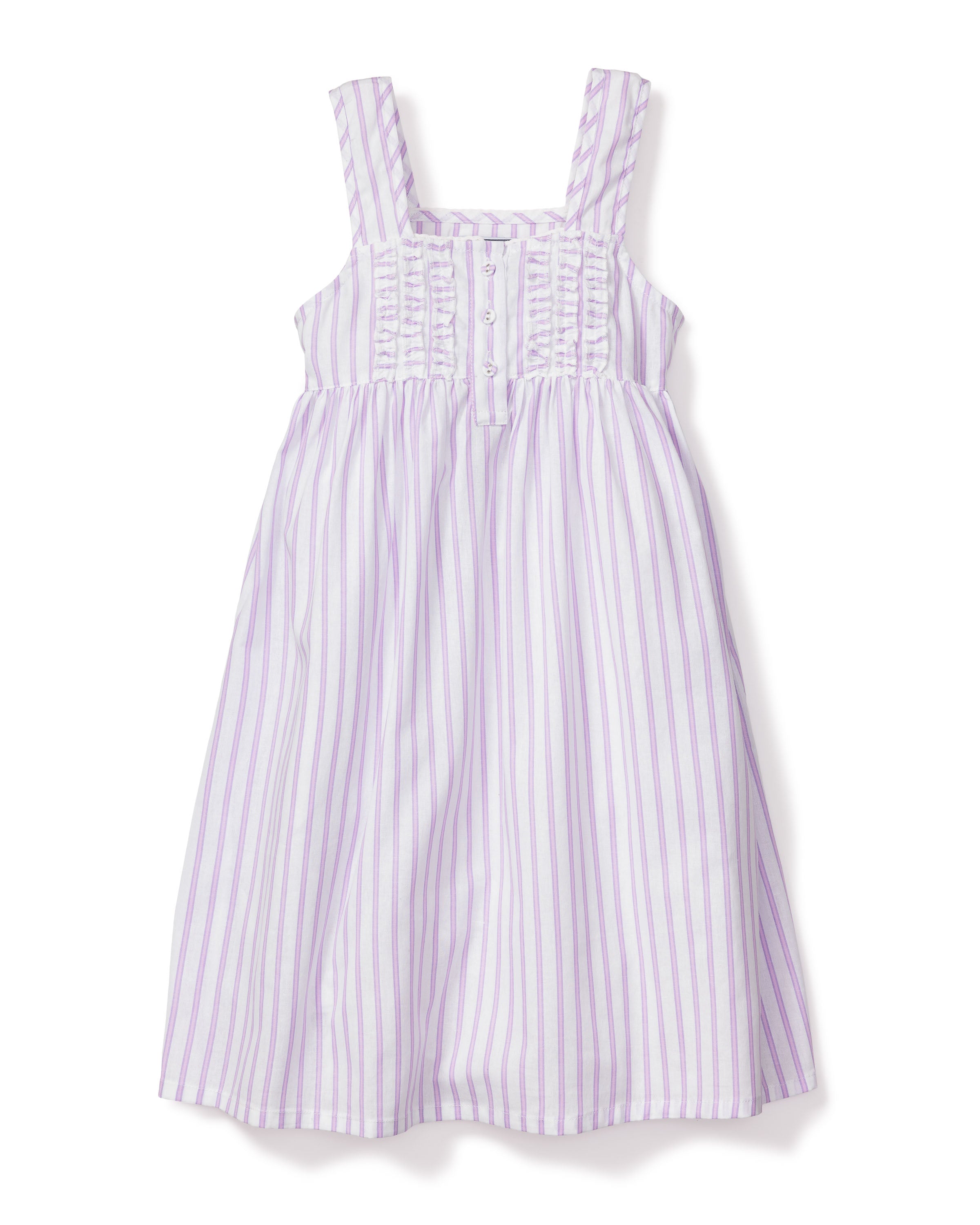 The Girls Twill Charlotte Nightgown in Lavender French Ticking by Petite Plume showcases a sleeveless design with vertical purple stripes on white, crafted from yarn-dyed cotton. It features a ruffled neckline, button chest details, and wide shoulder straps for an enchanting look.
