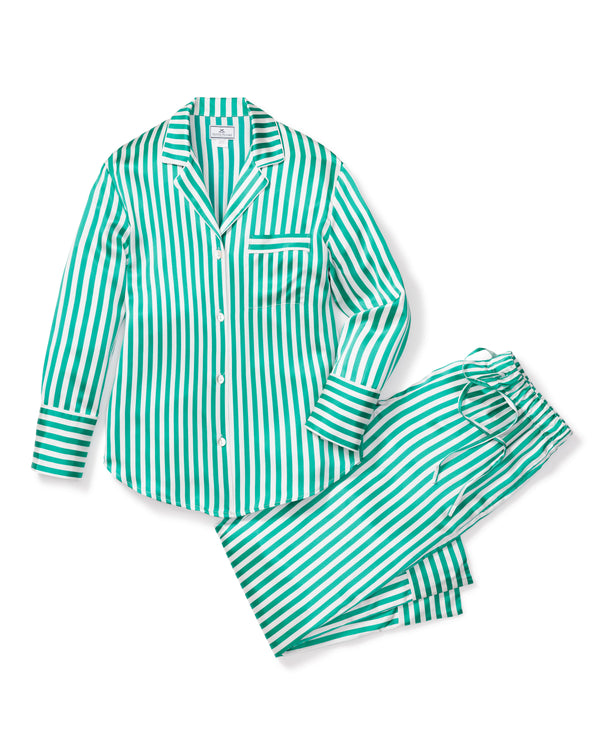 Women's Silk Pajama Set in Green Stripe