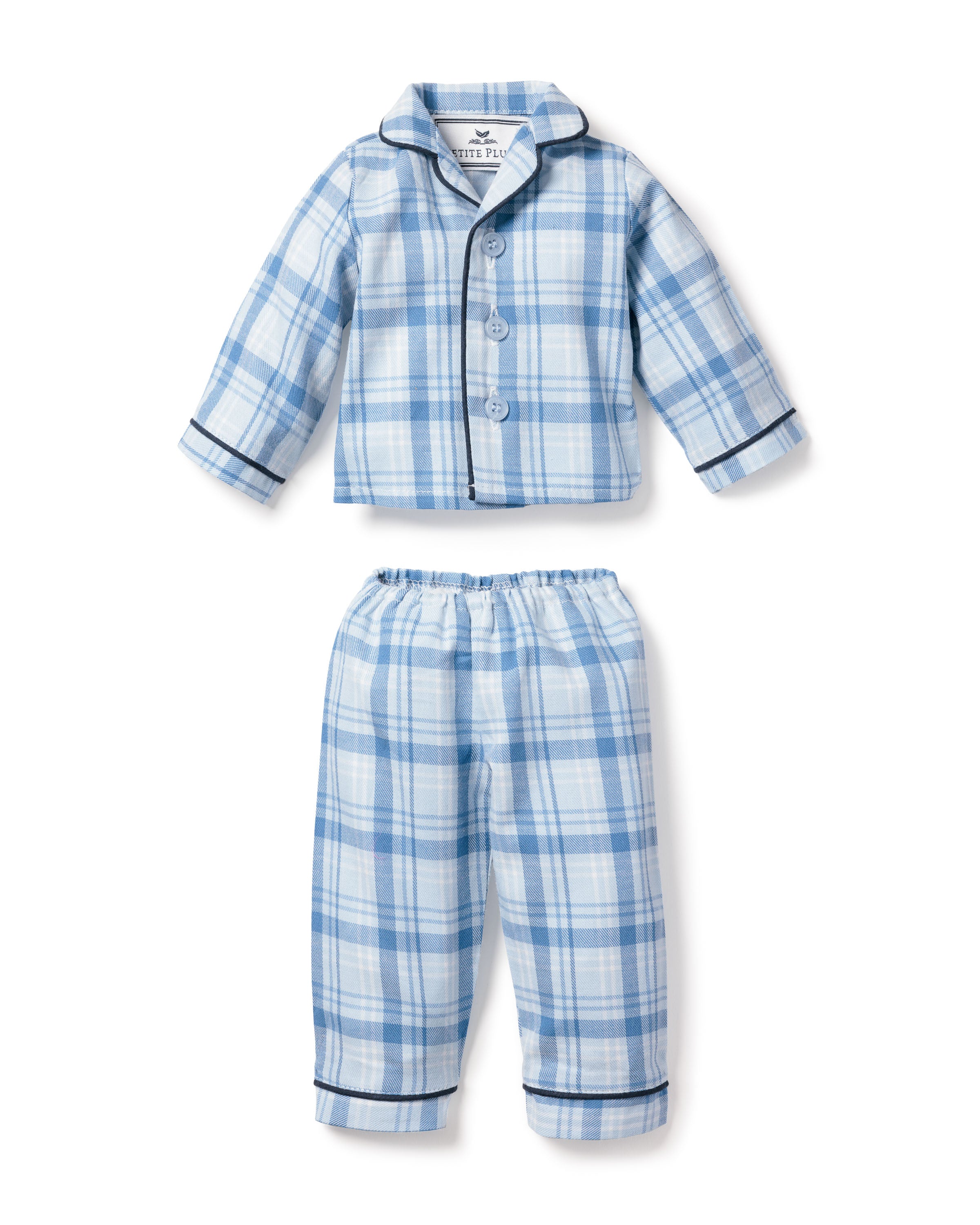 The Petite Plume Kids Twill Doll Pajamas in Seafarer Tartan feature blue and white plaid childrens pajamas with a long-sleeve button-up shirt, a collared design, matching trousers with an elastic waistband, and coordinating doll pajamas for 18 dolls for added bedtime fun.
