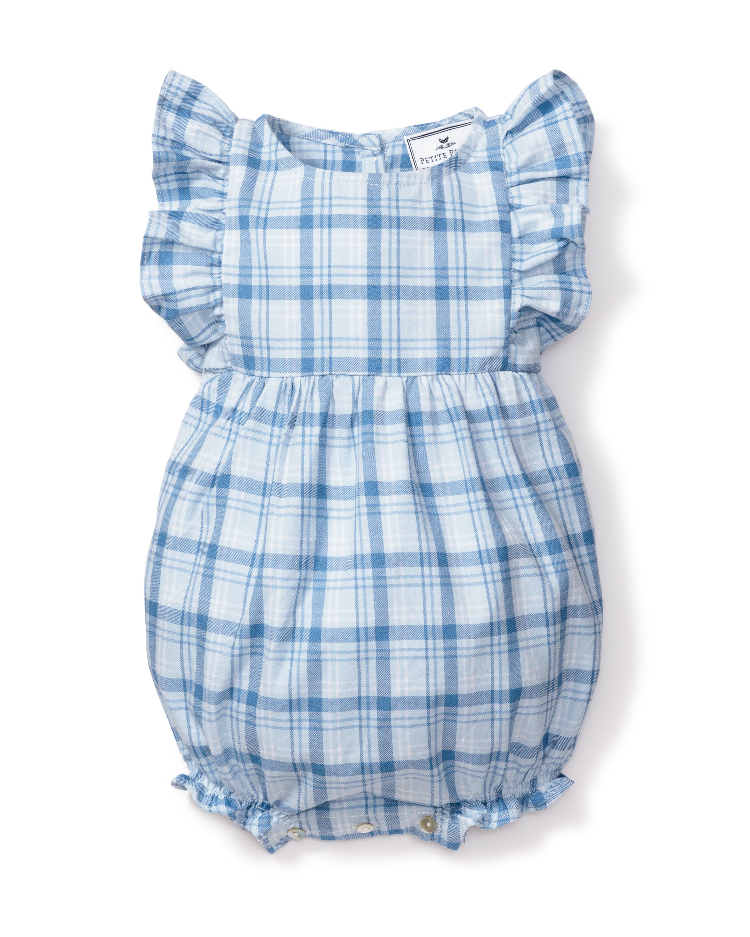The Petite Plume Babys Twill Ruffled Romper in Seafarer Tartan features ruffled sleeves, elastic hems, a gathered waist, and bottom buttons for easy changing. Made from yarn-dyed cotton with a label near the neckline.