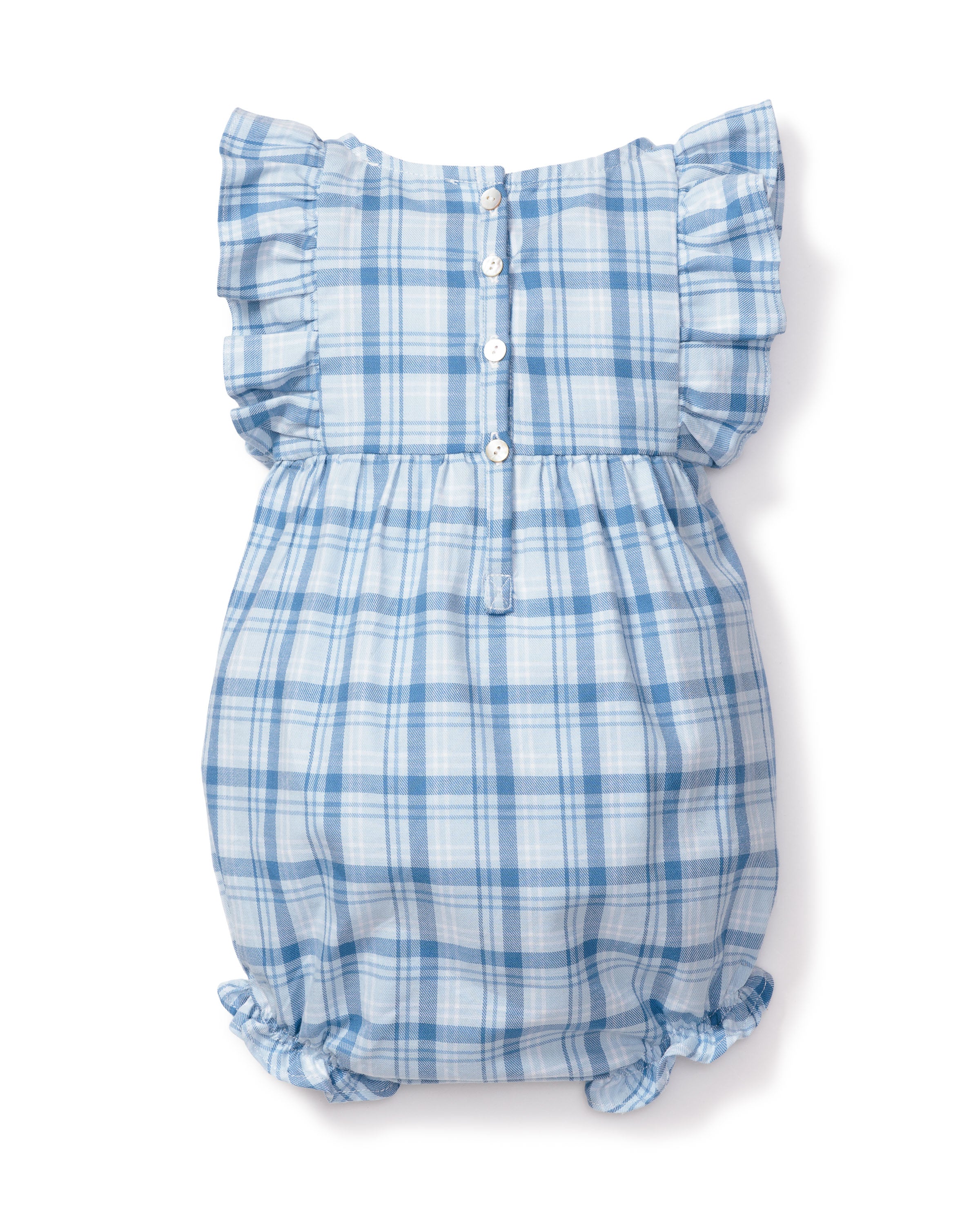 The Babys Twill Ruffled Romper from Petite Plume features a charming blue and white Seafarer Tartan, crafted from yarn-dyed cotton. It includes ruffled sleeves, a gathered waist, and a row of small white buttons down the back, echoing classic Scottish Highlands style.