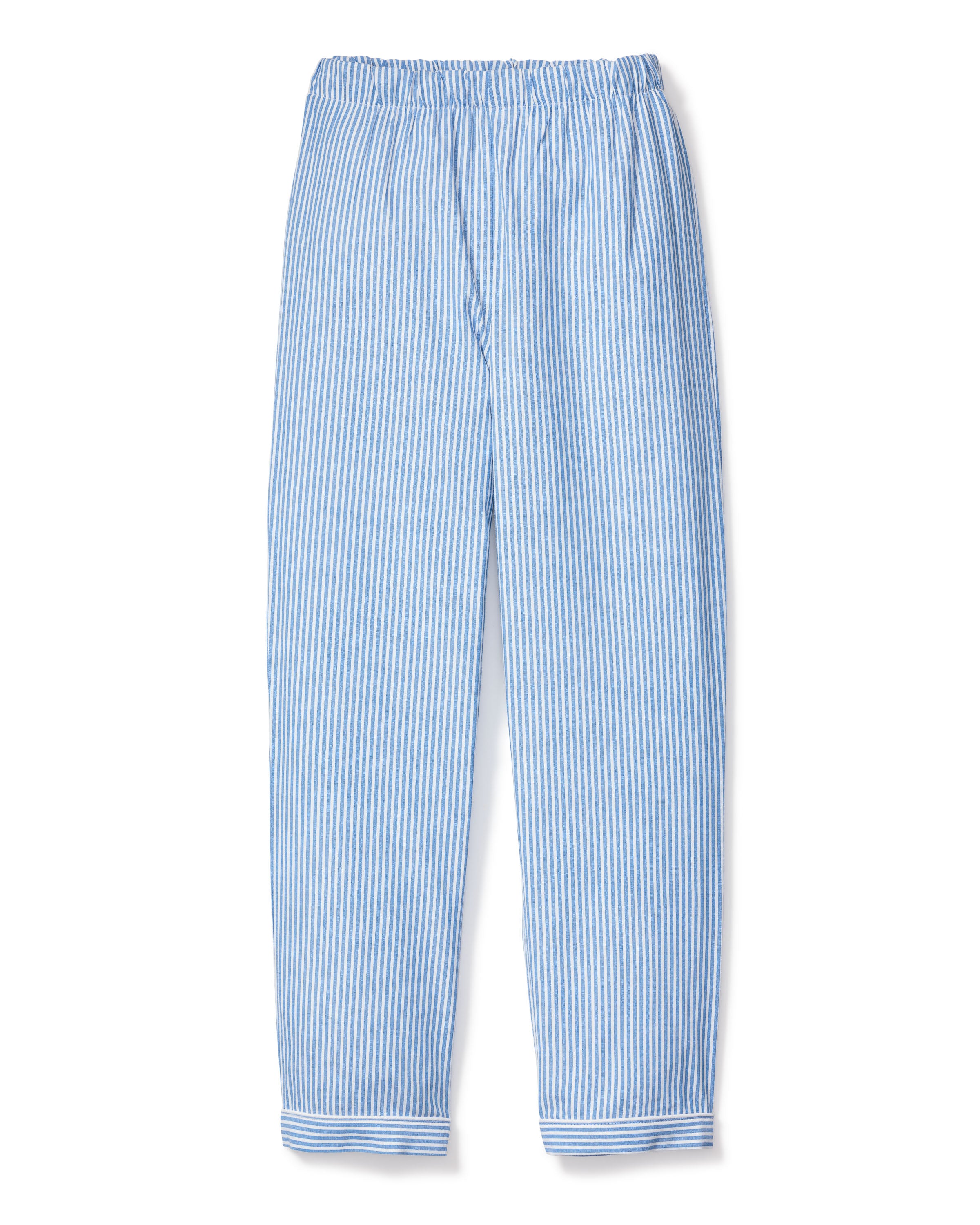 Petite Plumes Kids Twill Pajama Pants in French Blue Seersucker feature blue and white vertical stripes, crafted from yarn-dyed cotton with an elastic waistband.