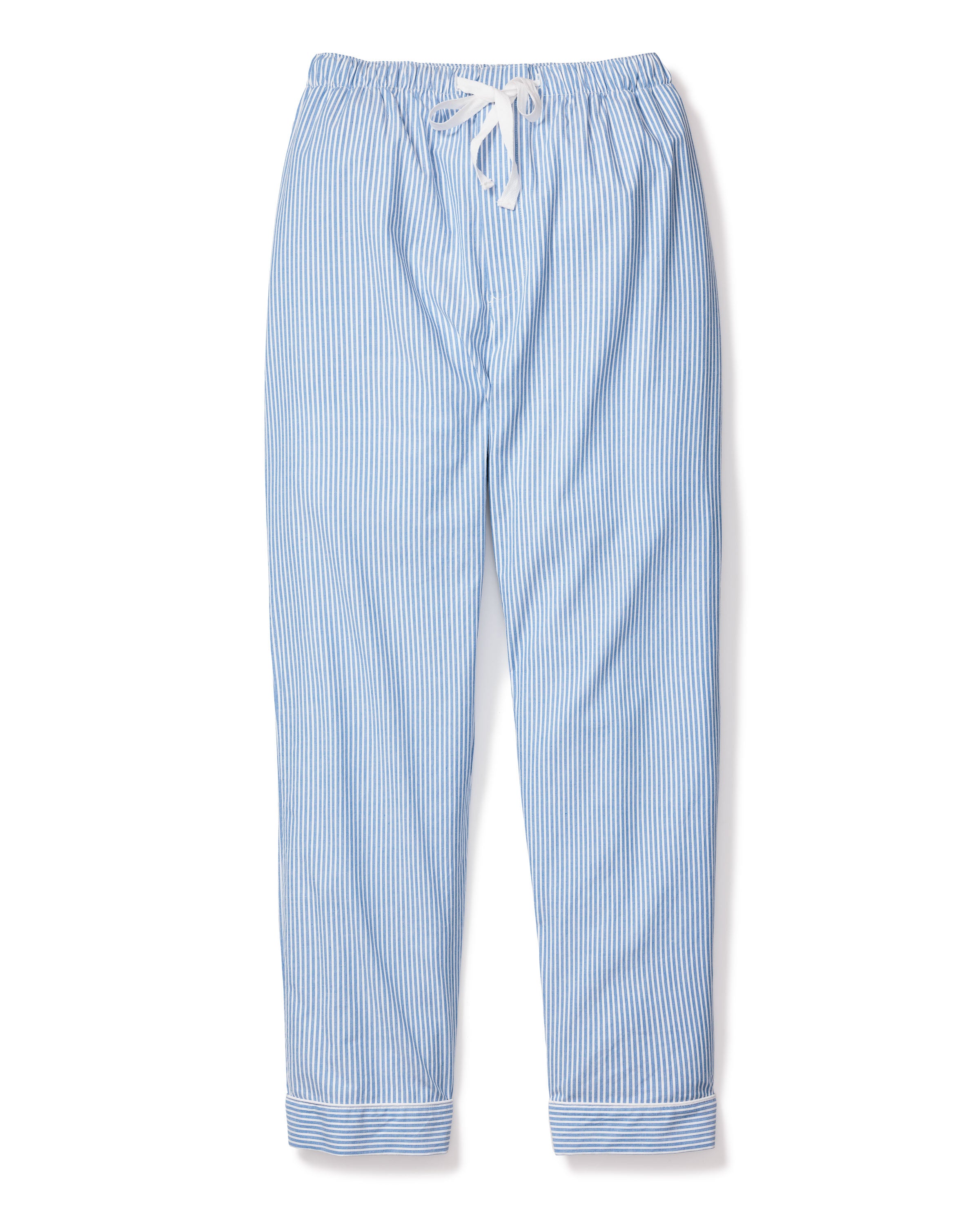 Petite Plume Mens Twill Pajama Pants in French Blue Seersucker offer comfort and style with a white drawstring waistband and cuffed hems, made from top-quality cotton.