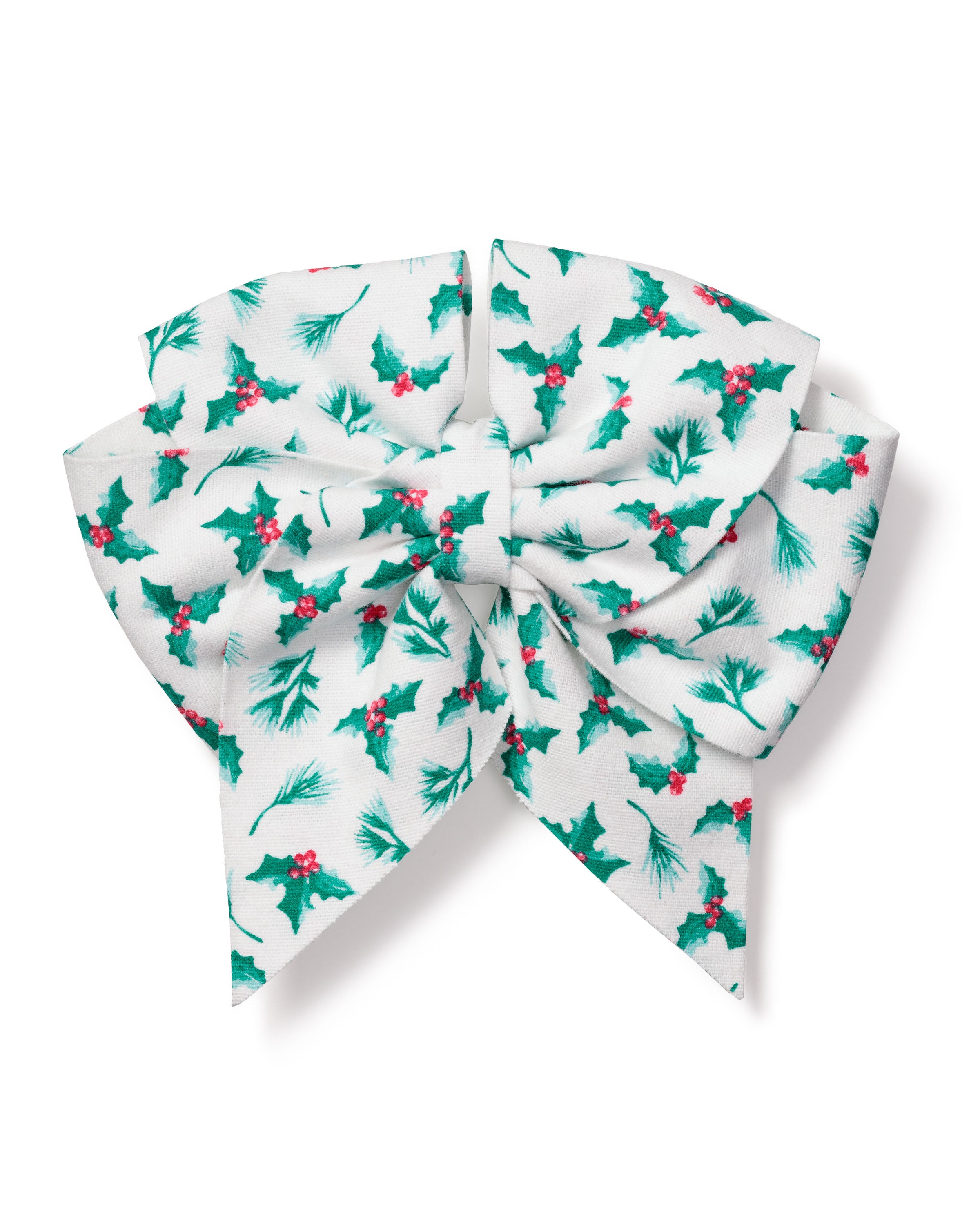 The Girls Hair Bows in Sprigs of the Season by Petite Plume is a decorative bow made of white fabric with green holly leaves and red berries. This classic-shaped accessory features looping folds and long tails, perfect for holiday decor or as a festive touch to gifts.